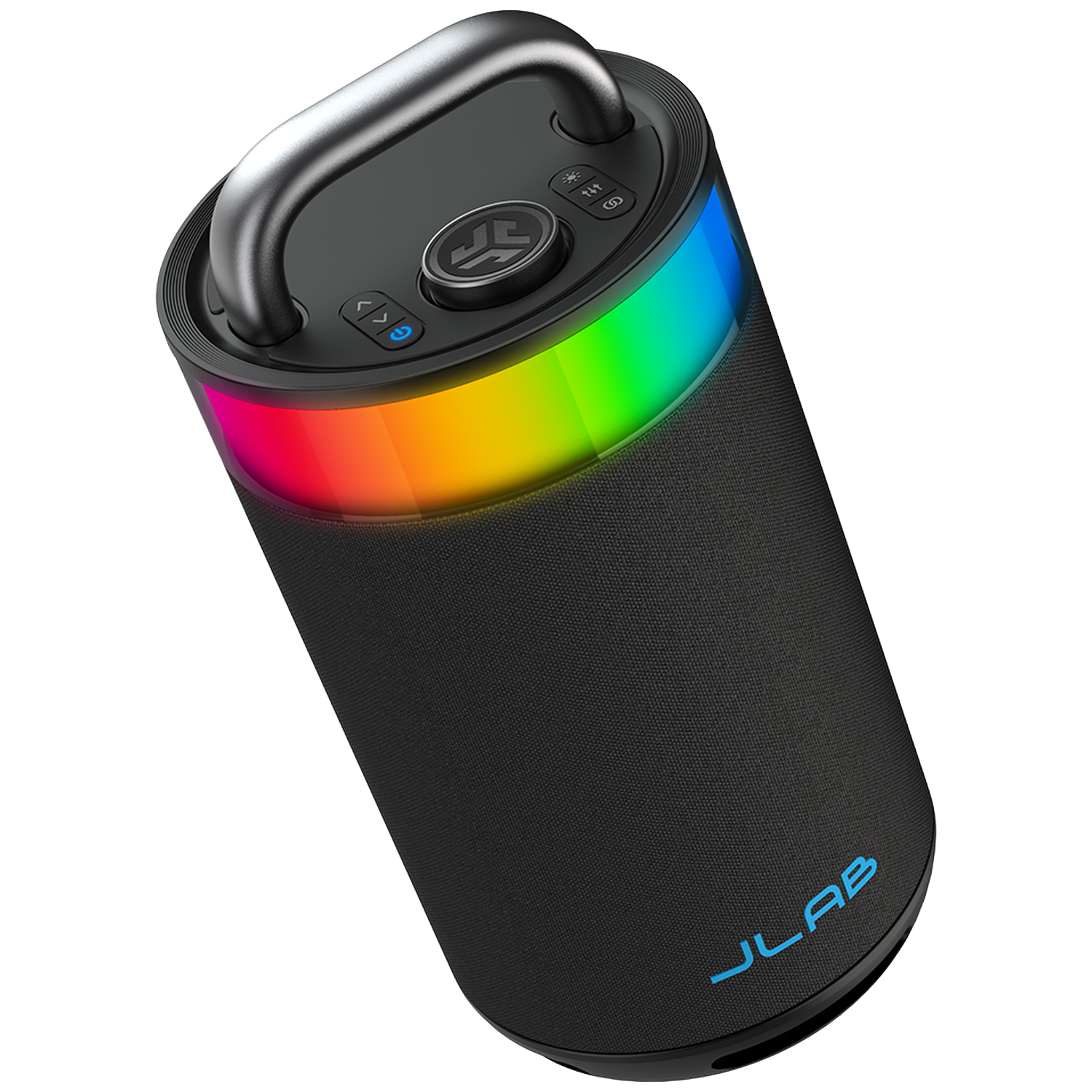 Zwarte JLab-luidspreker met regenbooglicht. Het heeft een handvat. Het JLab-logo is blauw. De luidspreker staat op een witte achtergrond.