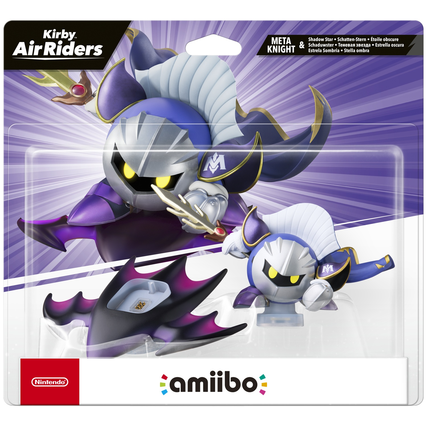 Meta Knight amiibo figuur in verpakking. De figuur is blauw en zilver. De verpakking heeft een Kirby Air Ride logo en een Nintendo logo.