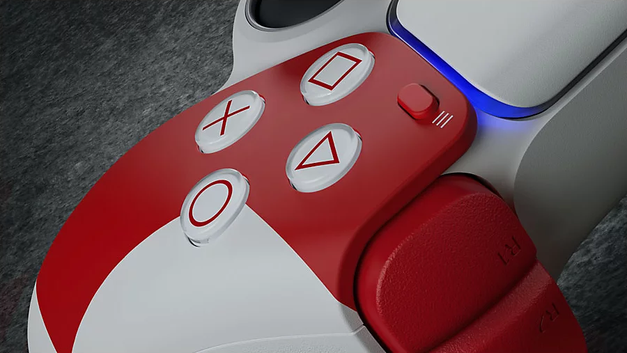 Nahaufnahme eines rot-weißen Gamecontrollers. Tasten sind X, O, Dreieck, Quadrat. Grauer Hintergrund.