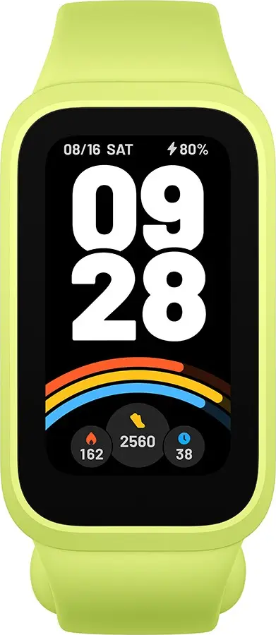 Uno smartwatch verde lime mostra l'ora 09:28, la data, la batteria e le statistiche di attività, inclusi passi, calorie e frequenza cardiaca.