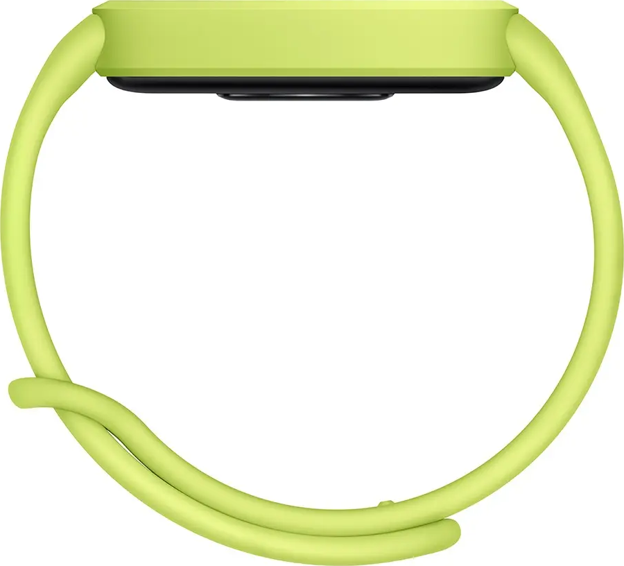 Uno smartwatch verde chiaro con schermo nero e cinturino abbinato. Il cinturino è ad anello, che mostra la forma e il design dell'orologio.