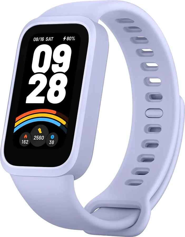 Uno smartwatch lilla chiaro mostra 09:28, 80% di batteria e data. Il cinturino è lilla chiaro con diversi fori.