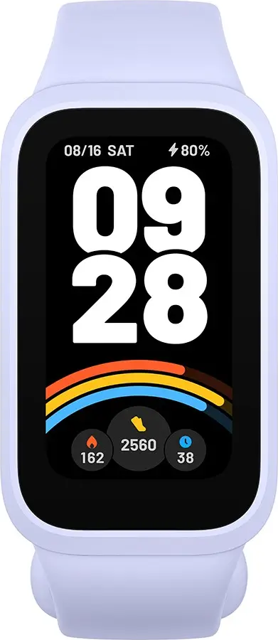 Uno smartwatch lilla chiaro mostra l'ora 09:28, la data 08/16 SAB e la batteria all'80%. Mostra le statistiche di attività.