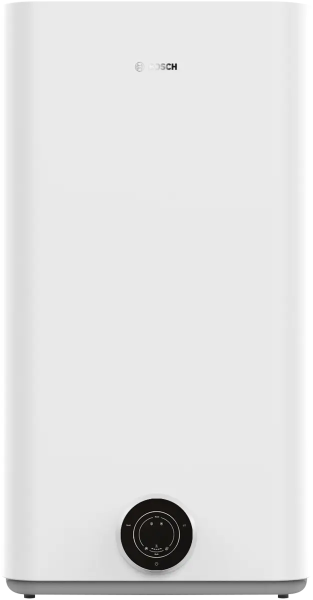 Egy fehér Bosch vízmelegítő. Alul egy vezérlőpanel, felül a Bosch logója található.