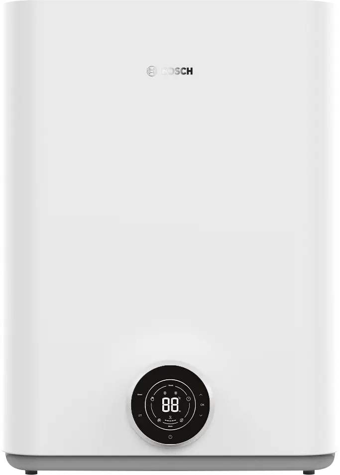 Fehér Bosch vízmelegítő. A digitális kijelző '88'-at mutat. Bosch logó felül. Fekete vezérlőpanel alul.
