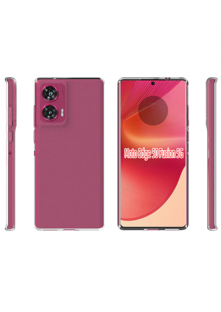 Egy magenta Moto Edge 50 Fusion 5G telefon, különböző szögekből bemutatva, a képernyőt és az oldalsó részleteket mutatva.