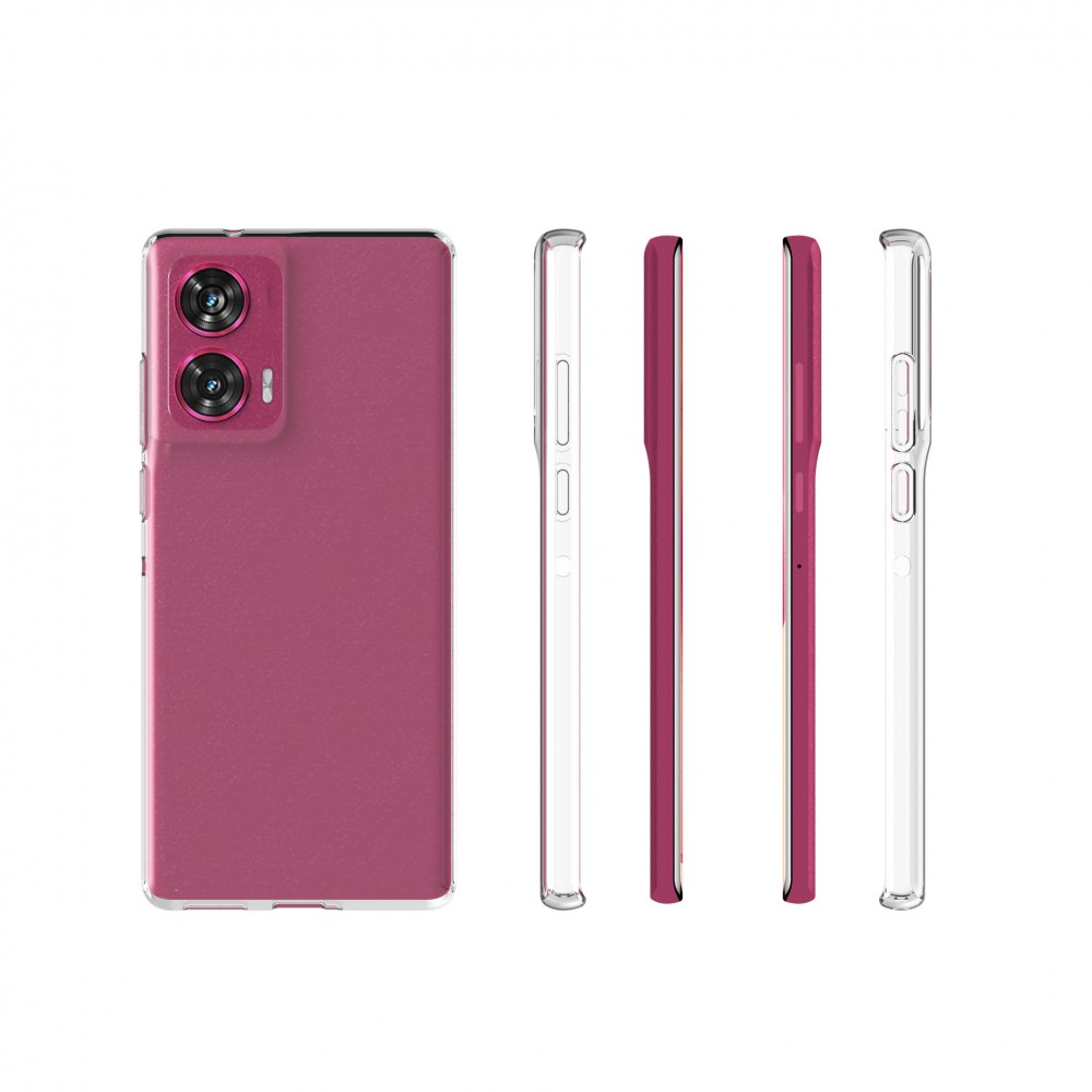 Egy magenta tokban lévő telefont mutatnak a tok oldalnézeteivel. A telefonnak két kamerája van. A háttér fehér.