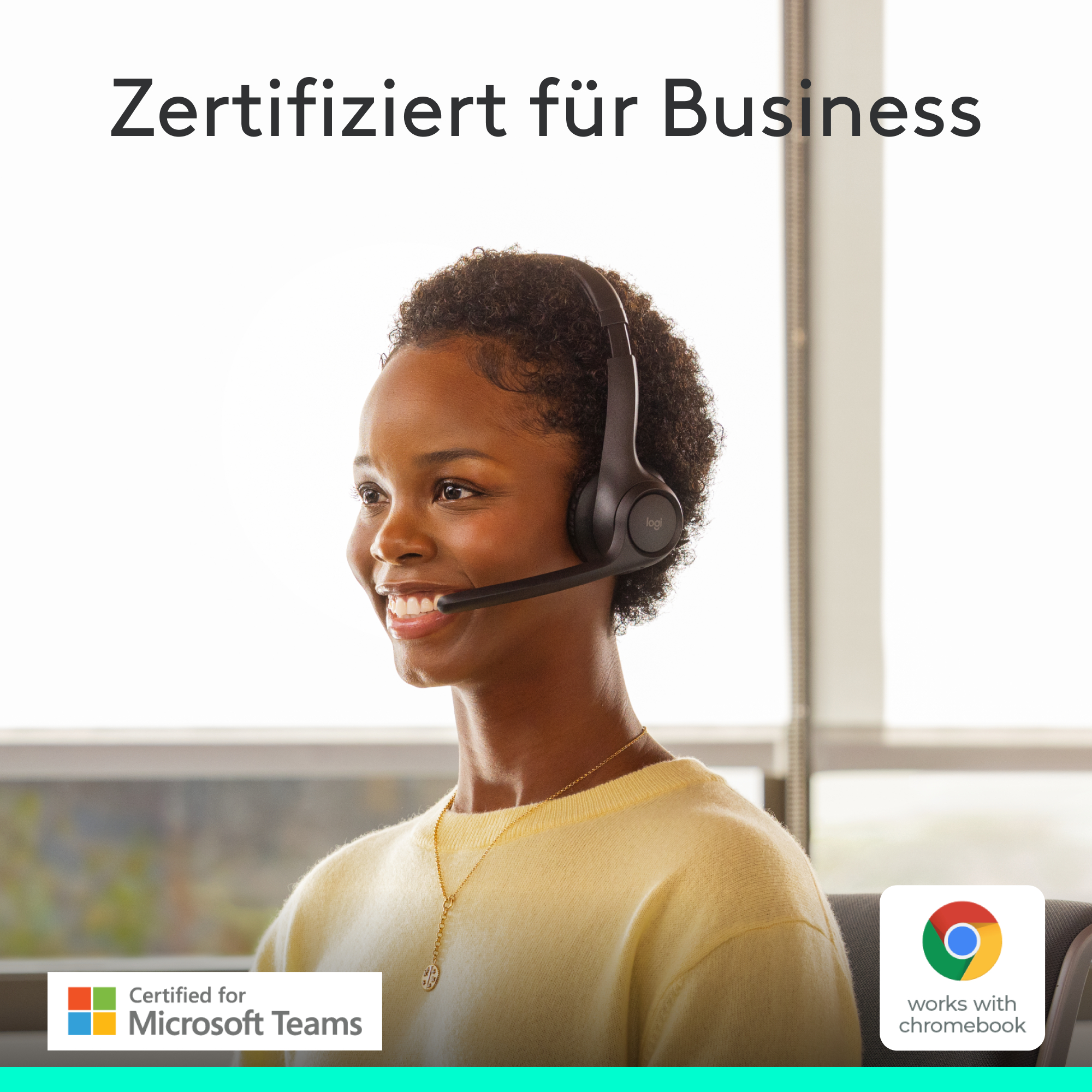 Frau mit Headset lächelt. Text: Zertifiziert für Business. Logos: Microsoft Teams, Works with Chromebook.