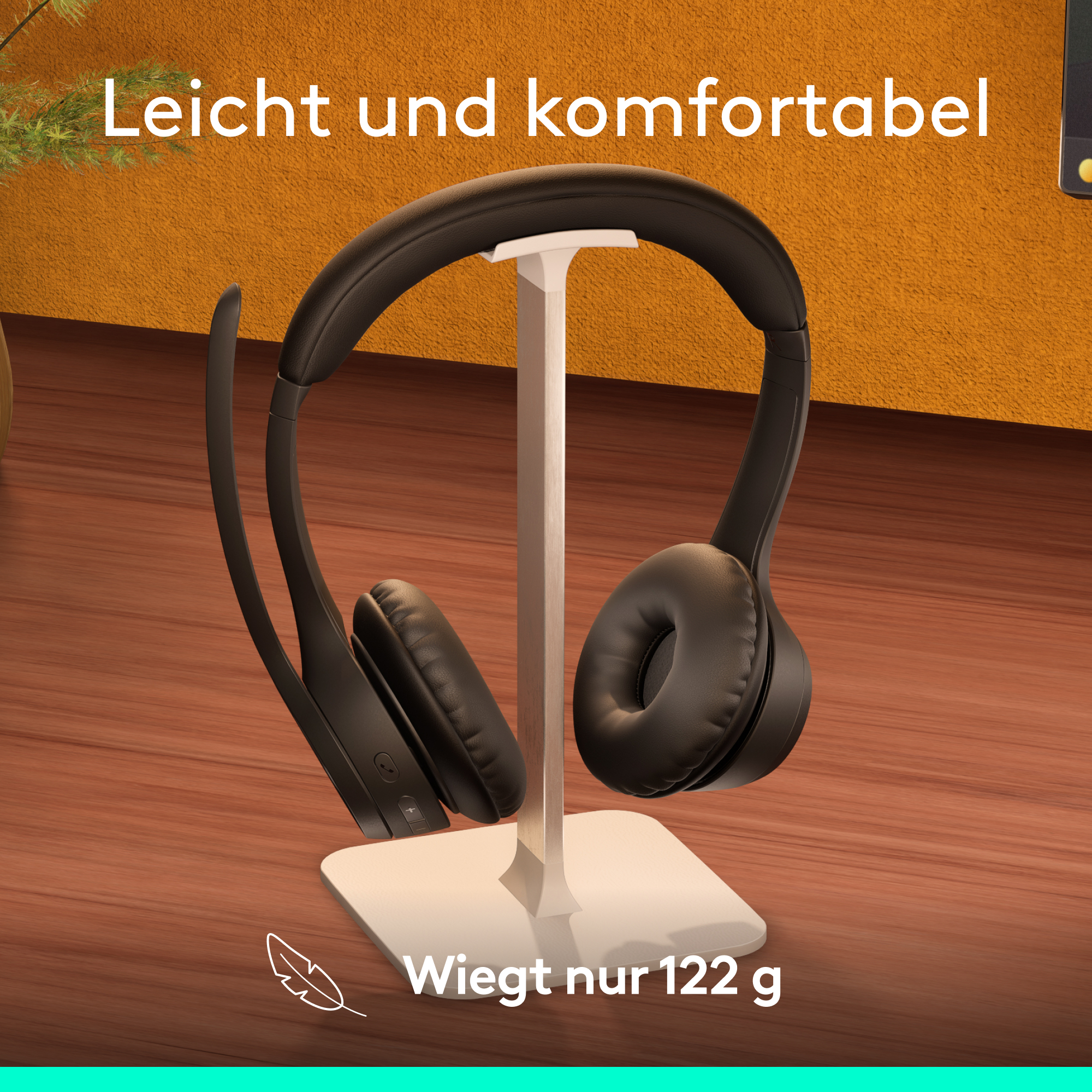 Schwarzer Kopfhörer auf einem Ständer. Text: 'Leicht und komfortabel' und 'Wiegt nur 122g'.