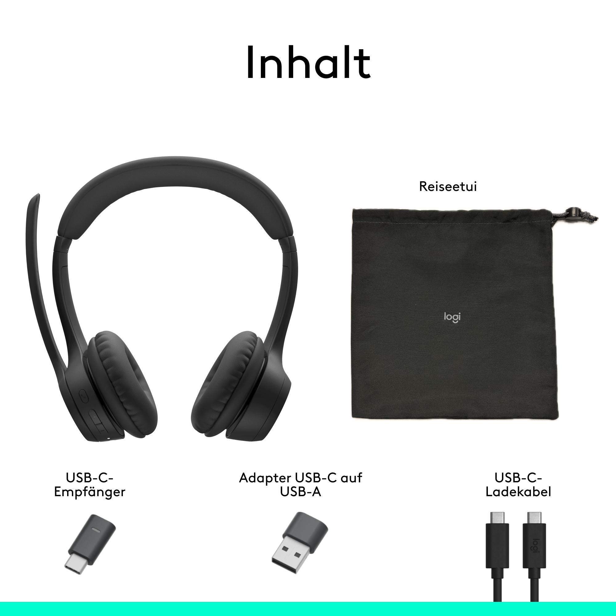 Das Bild zeigt ein schwarzes Headset, eine Tasche, einen USB-C-Empfänger, einen USB-A-Adapter und ein Ladekabel.