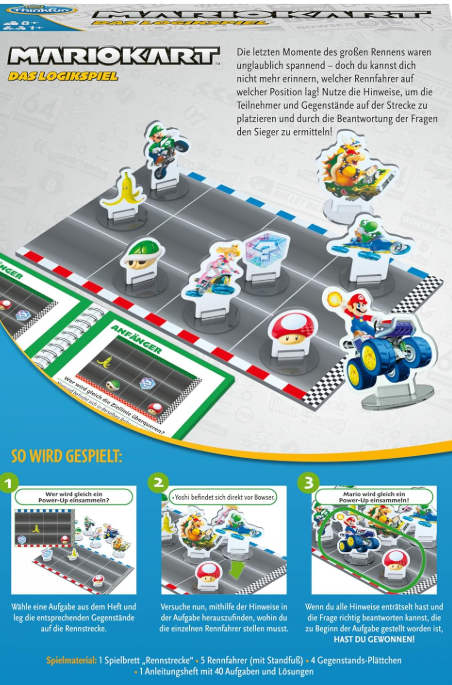 Mario Kart Brettspiel. Charaktere rasen auf einer Strecke. Spielsteine umfassen Fahrer, Power-Ups und eine Strecke.