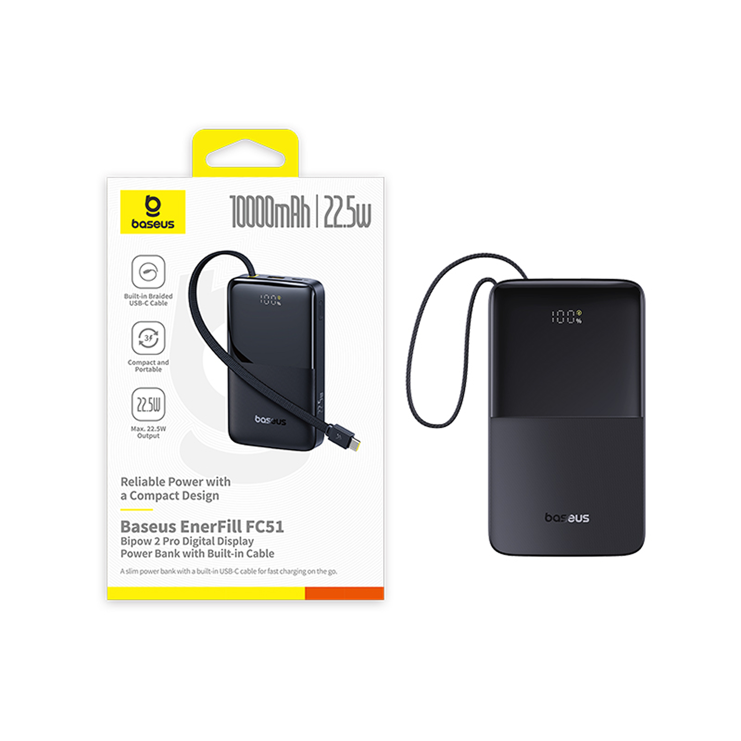 Batería externa Baseus, negra, con cable integrado y pantalla digital que muestra el 100%. El embalaje muestra detalles del producto.