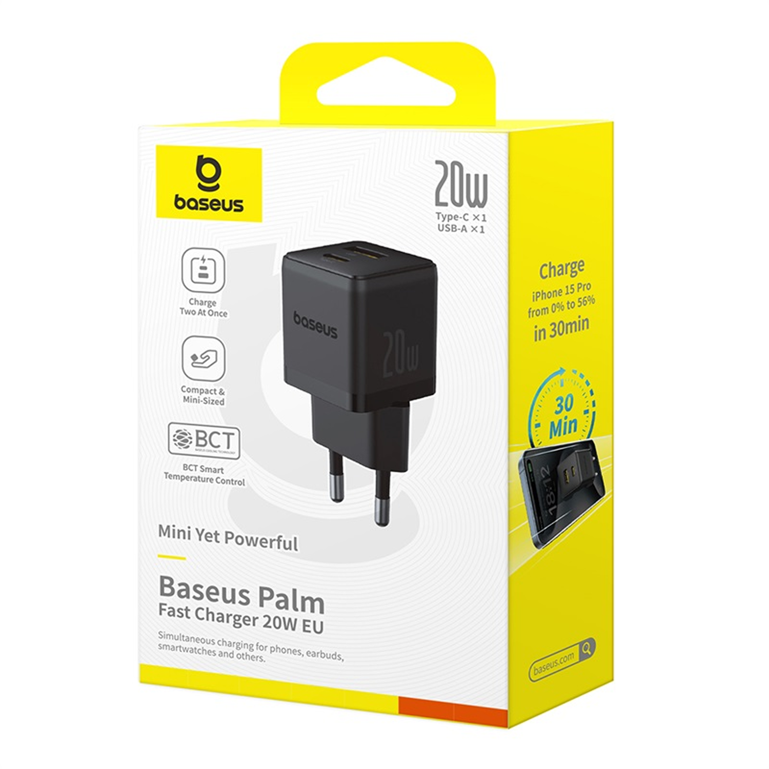 Caja del cargador rápido Baseus Palm 20W EU. El cargador es negro, con una caja amarilla y blanca, que muestra los detalles del producto.