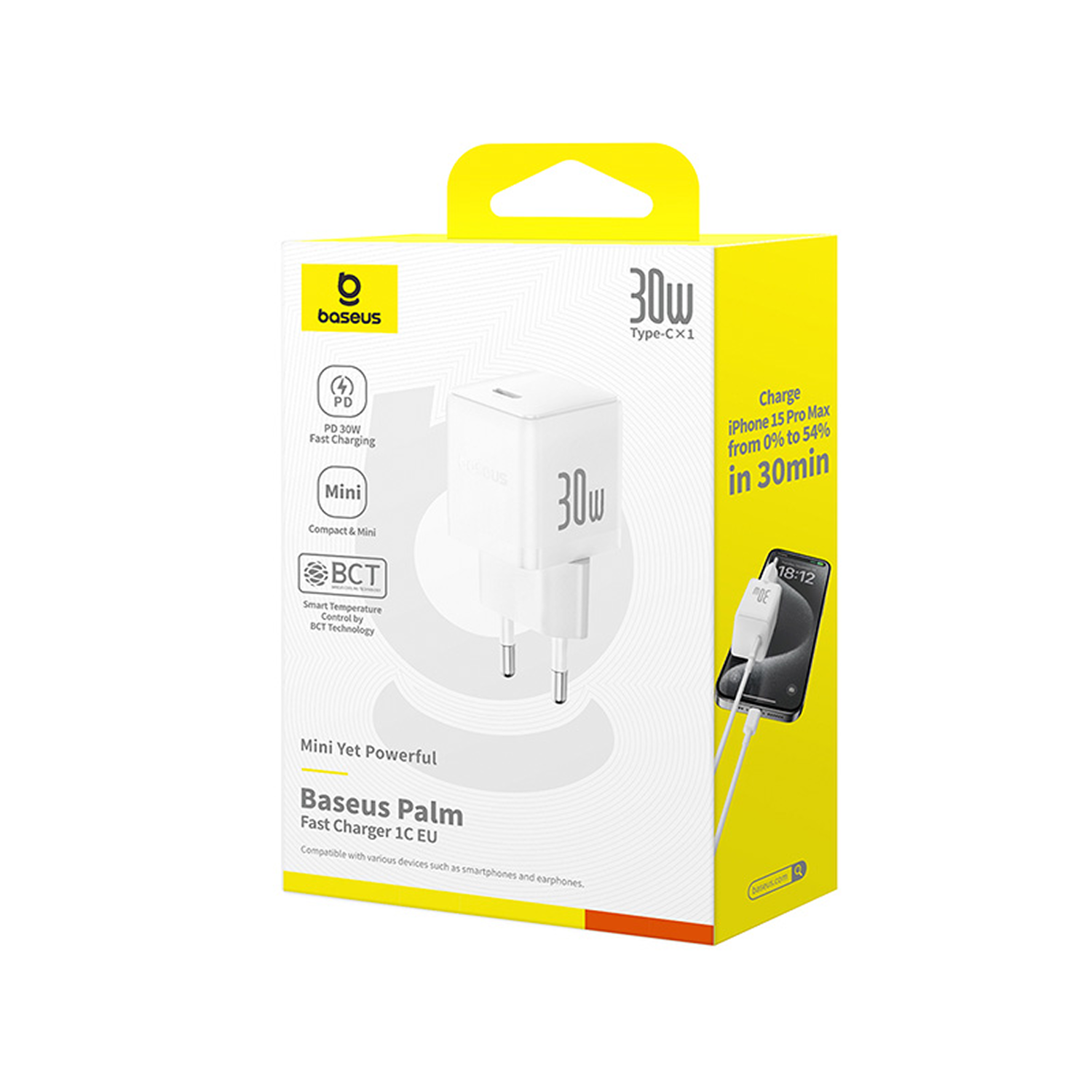 Una caja amarilla de cargador rápido Baseus Palm con un cargador blanco en el interior. Carga un iPhone 15 Pro Max del 0% al 54% en 30min.