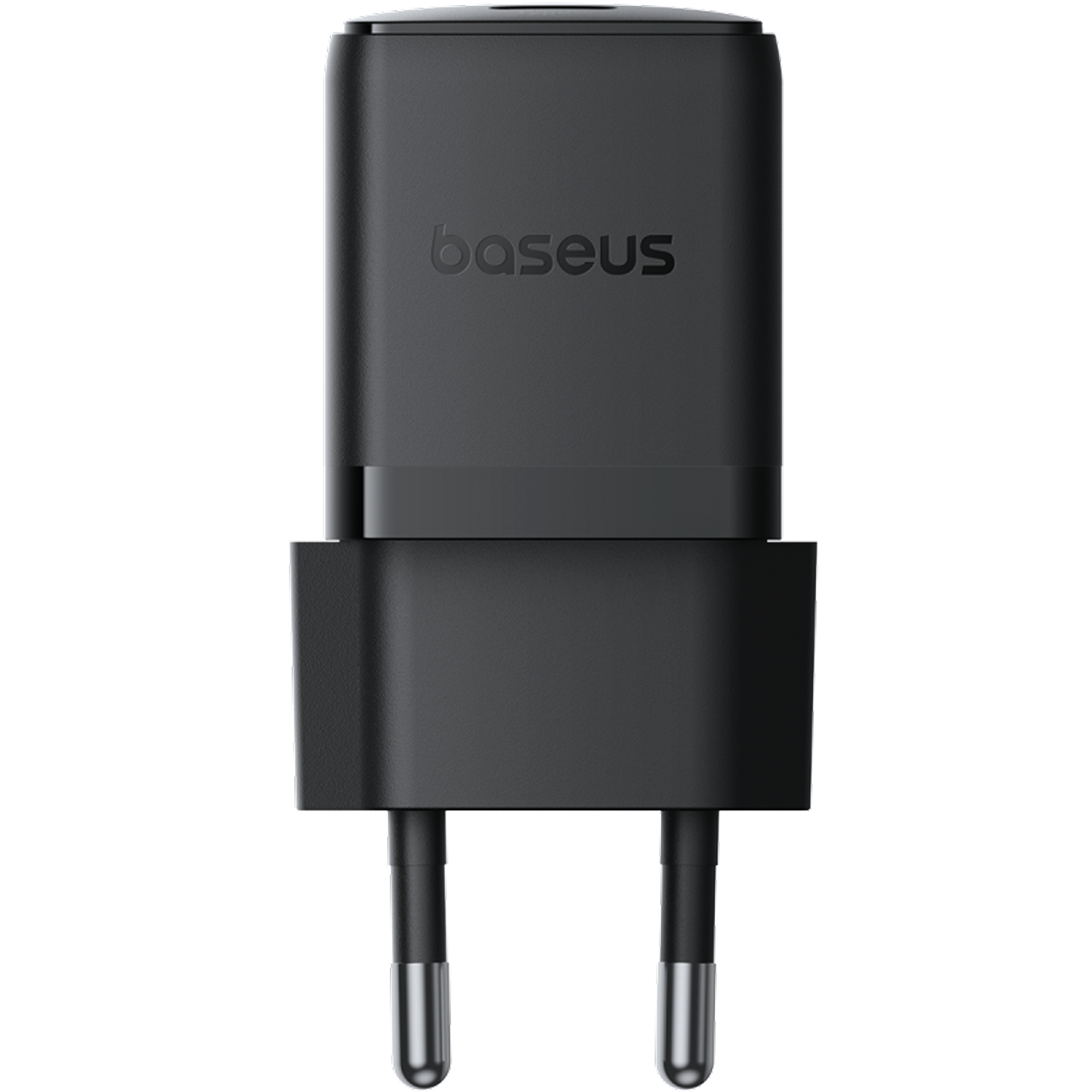 Un adaptador de cargador Baseus negro con dos clavijas plateadas. El logotipo de Baseus es visible. El fondo es negro sólido.