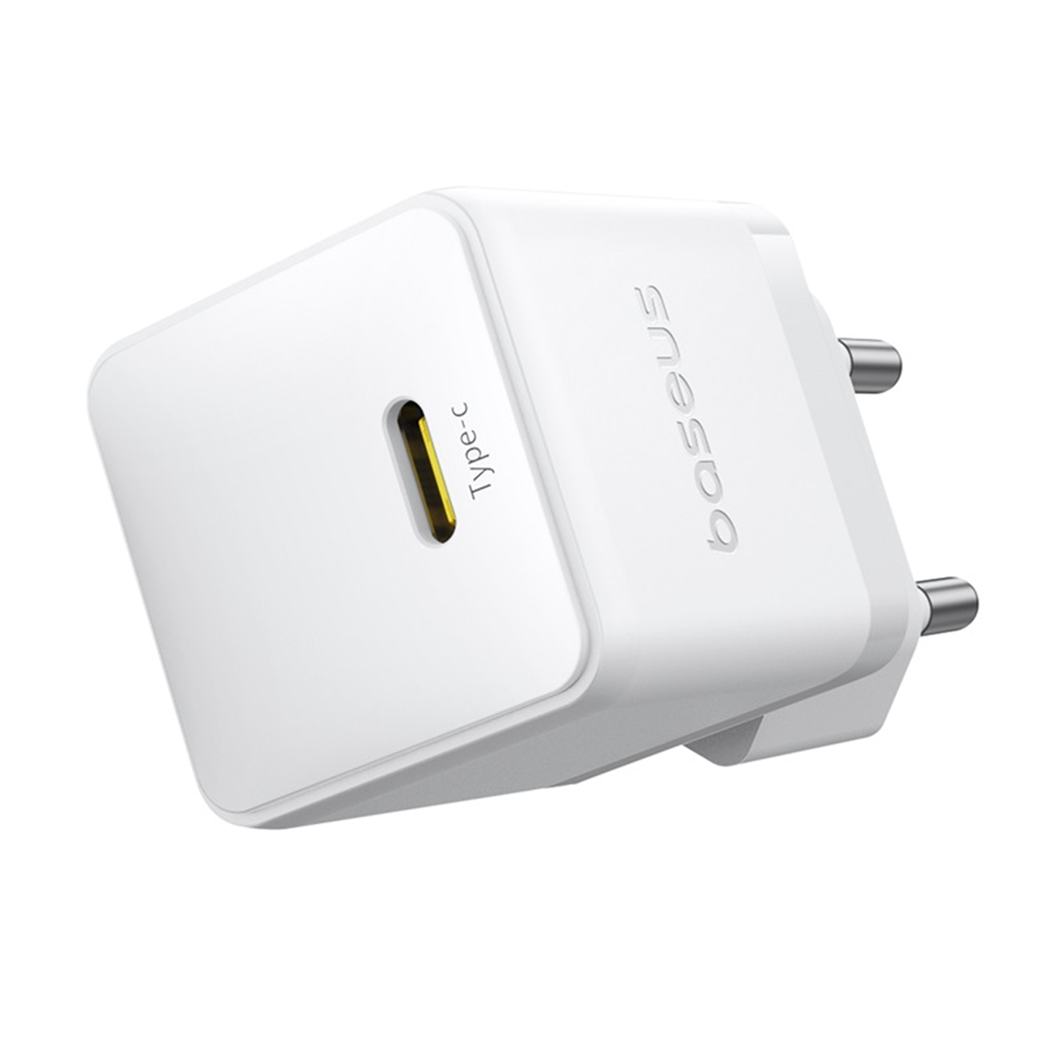 Un cargador Baseus Type-C blanco. Tiene un puerto Type-C y dos clavijas metálicas. El logotipo de Baseus es visible.
