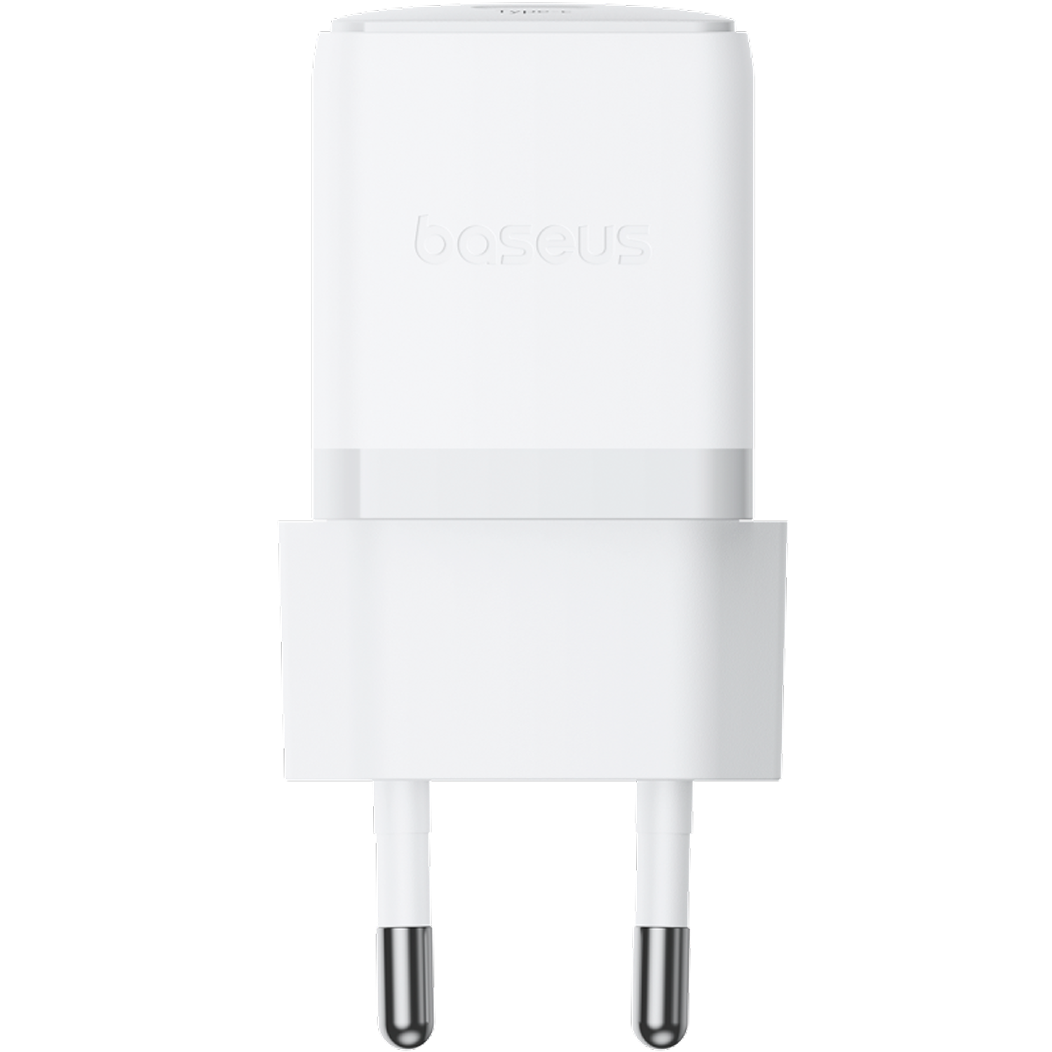 Un cargador de teléfono Baseus blanco con dos clavijas plateadas. El cargador tiene el nombre de la marca.