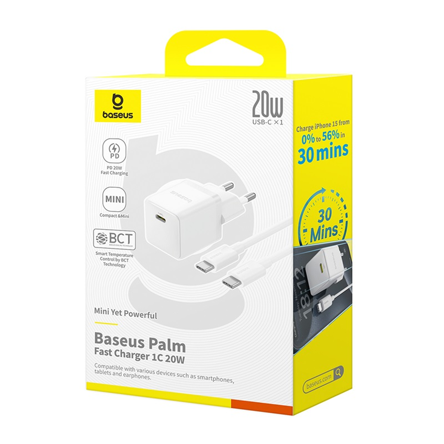 Caja Baseus Palm Fast Charger 1C 20W, cargador y cable blancos. Carga el iPhone 15 del 0% al 56% en 30 minutos.