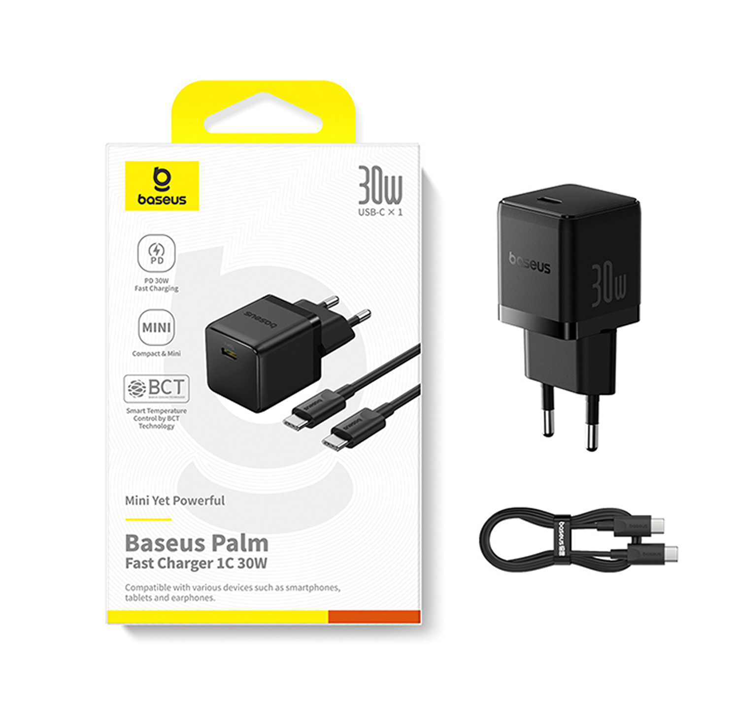 Cargador rápido Baseus Palm 1C 30W. Cargador y cable negros sobre fondo blanco. Detalles: PD 30W, MINI, tecnología BCT.