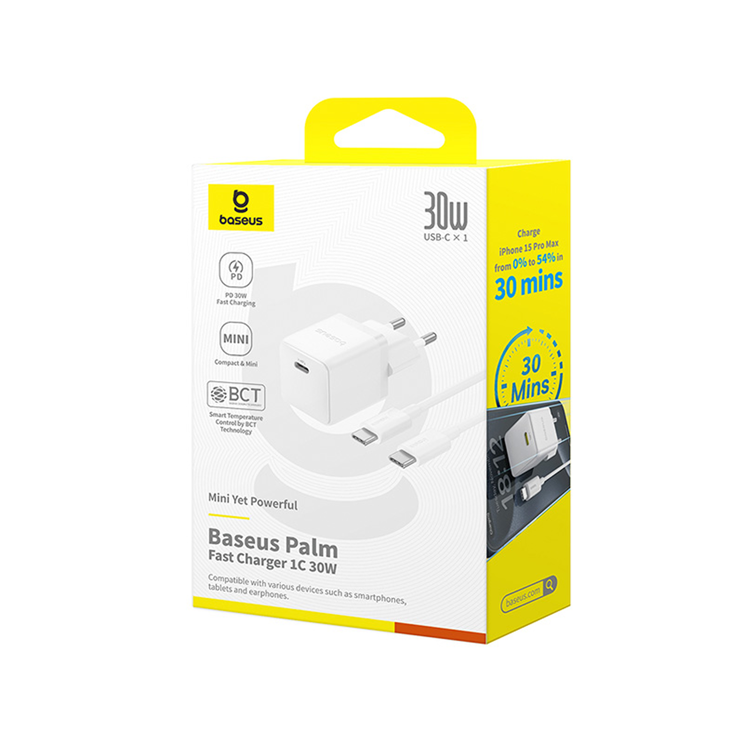 Caja de cargador rápido Baseus Palm. Cargador blanco, cables blancos, caja amarilla y blanca. Texto sobre carga rápida y compatibilidad.