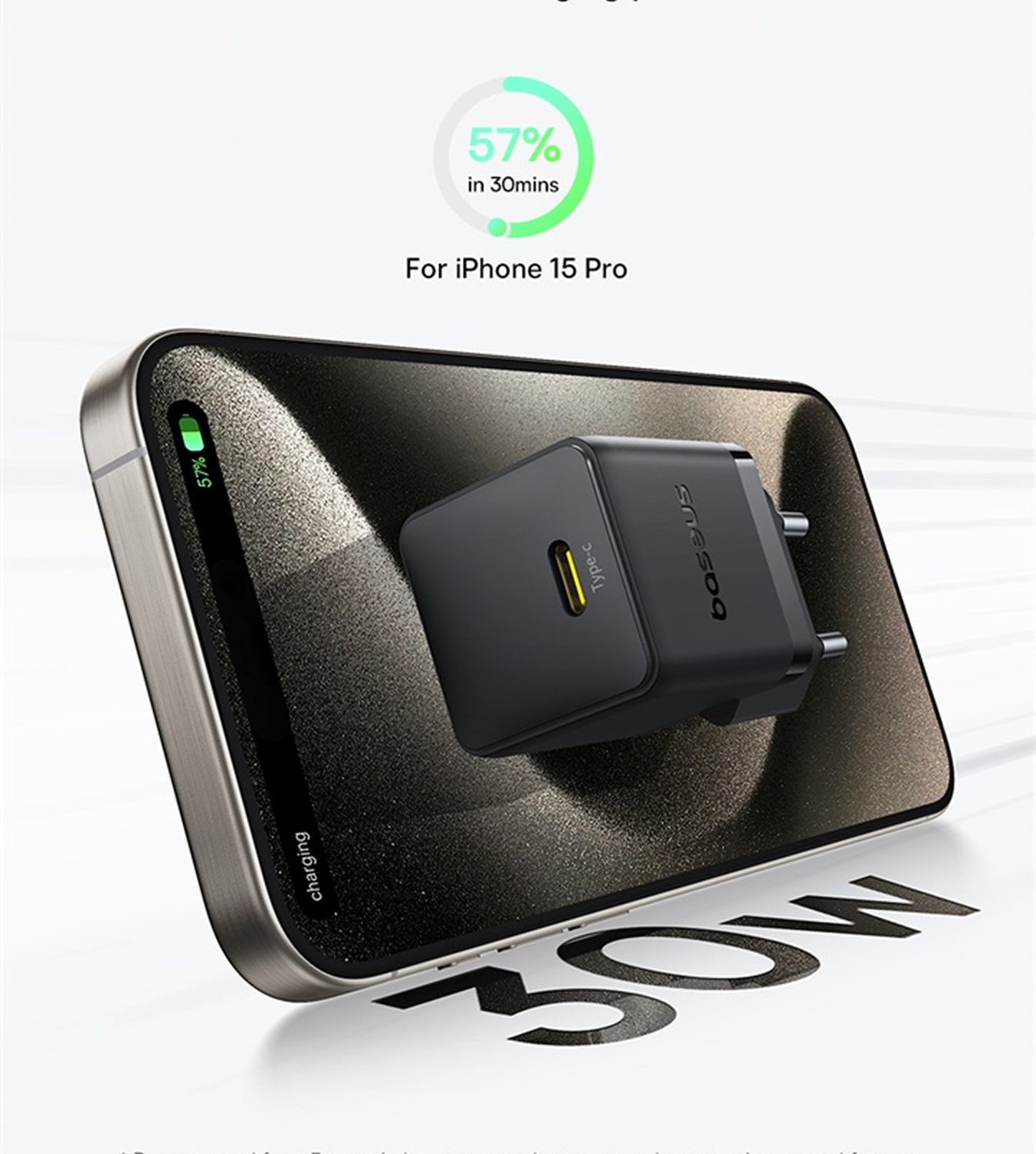 Un teléfono muestra 57% de carga con un cargador negro enchufado. El texto dice 'Para iPhone 15 Pro' y '30W'.
