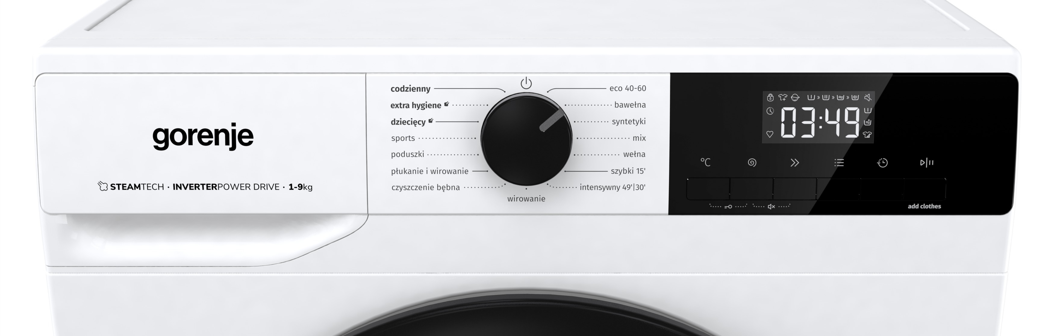 Biały panel sterowania pralki Gorenje z czarnym pokrętłem i wyświetlaczem pokazującym czas i opcje programu.
