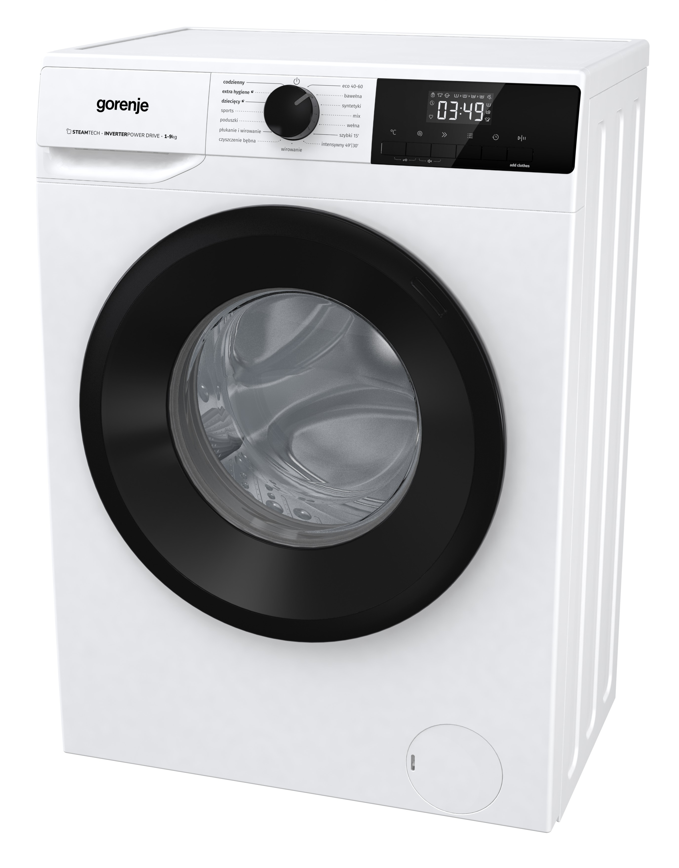 Biała pralka Gorenje z czarnymi drzwiami i panelem sterowania pokazującym 03:49.