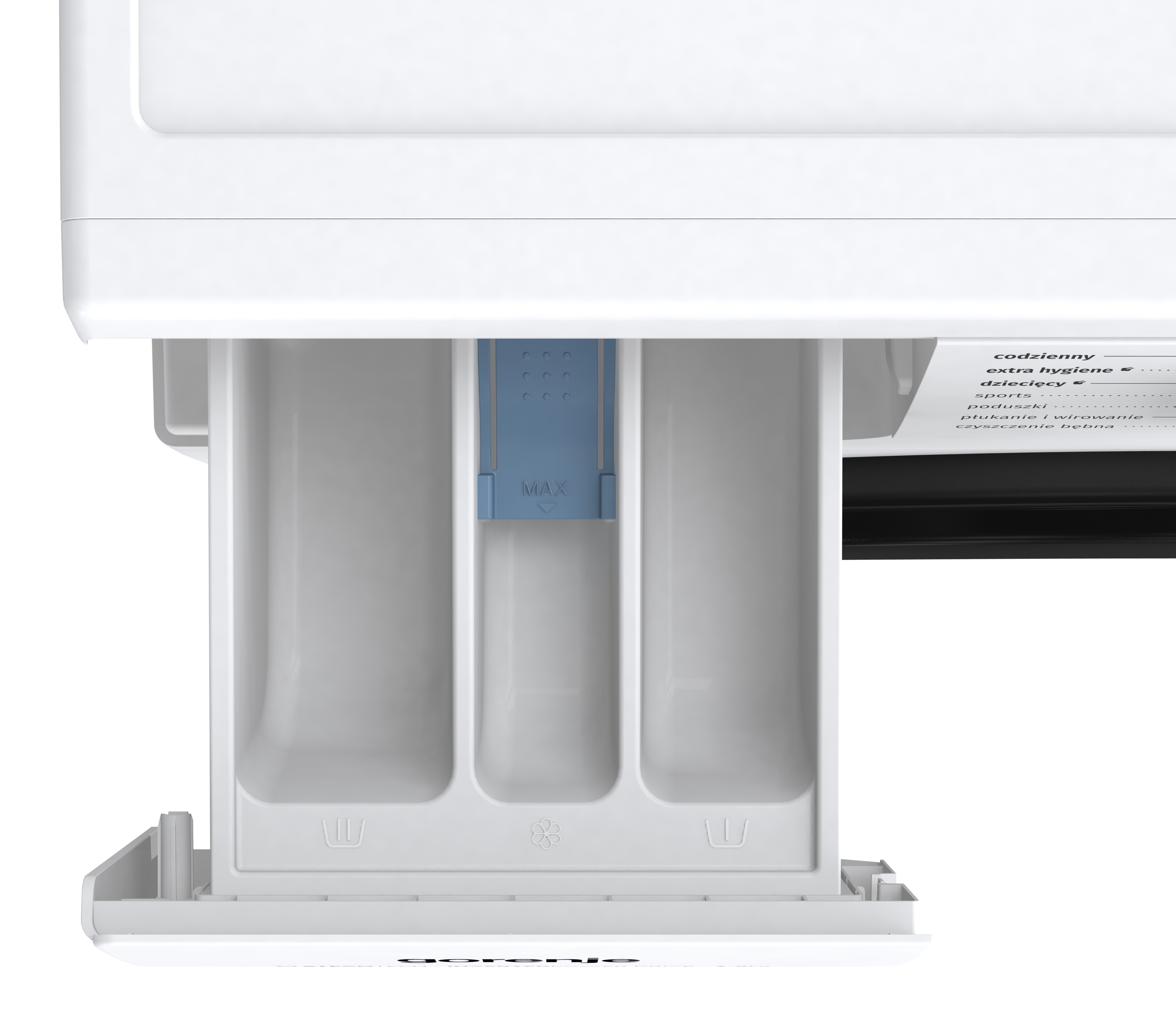 Zbliżenie szuflady na detergent w pralce, biały plastik, trzy przegródki, niebieski separator i etykiety tekstowe.