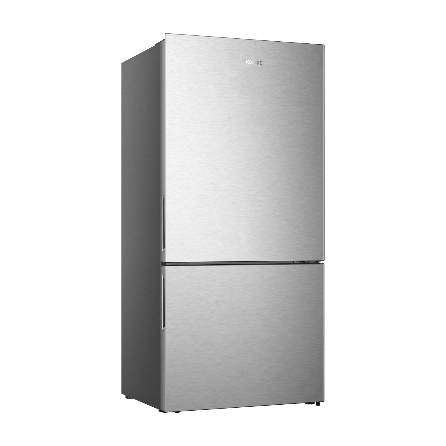 Un frigorifero in acciaio inossidabile a due porte. La porta superiore ha il marchio 'KONIC'. La porta inferiore è per il congelatore.
