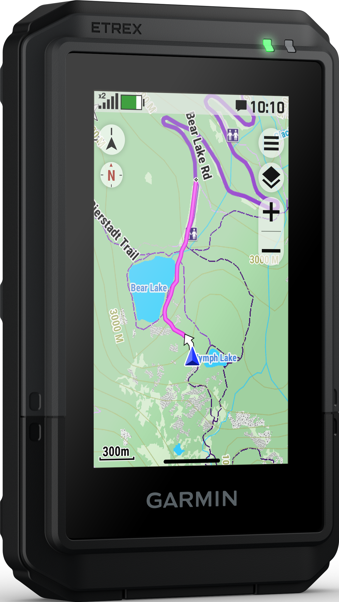 Ein Garmin eTrex GPS-Gerät zeigt eine Karte mit dem Bear Lake und Wanderwegen. Der Bildschirm zeigt Zeit, Akku und Signal.