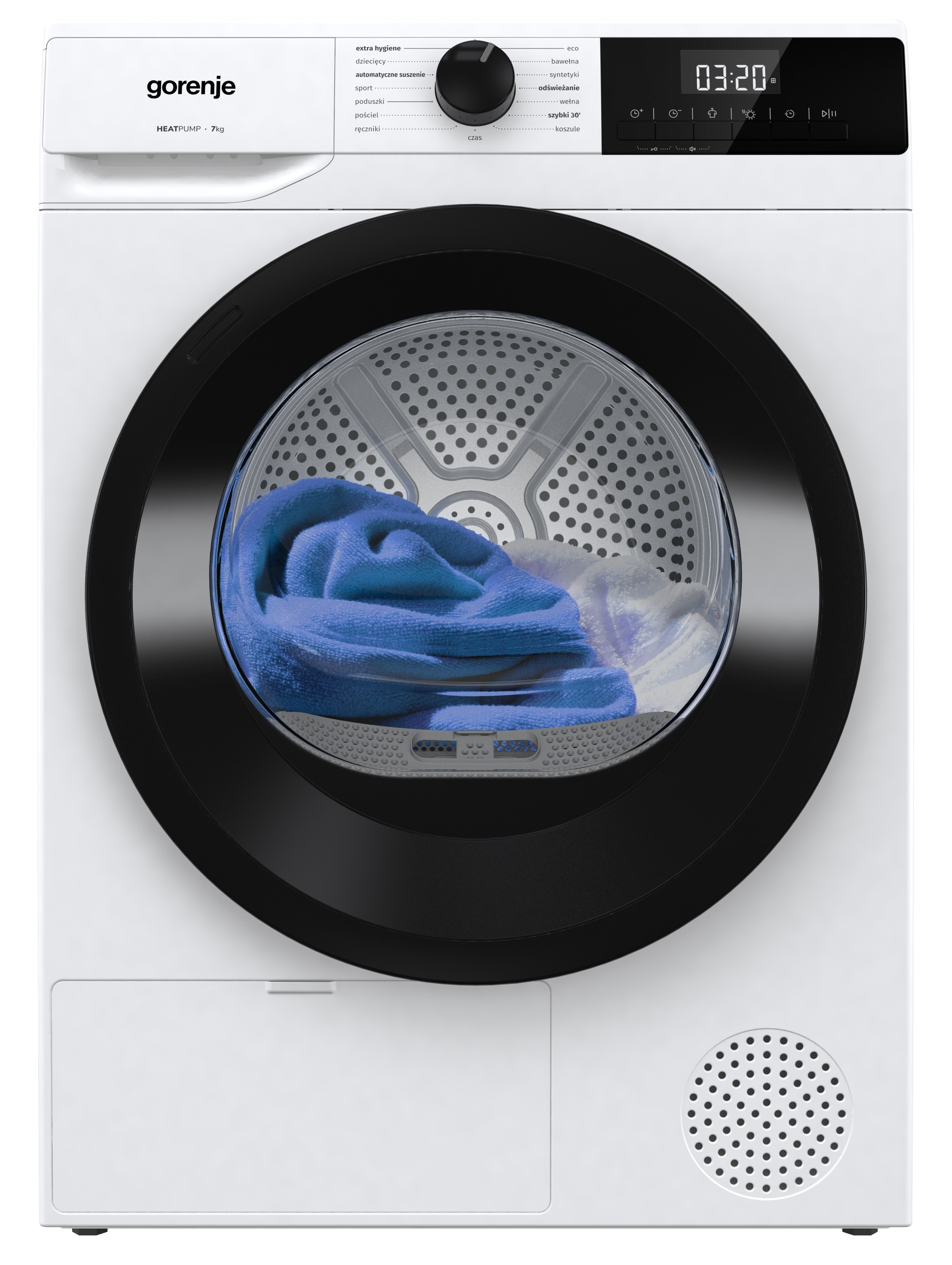Biała suszarka Gorenje z czarnymi drzwiami. W środku widać niebieskie i białe ubrania. Wyświetlacz pokazuje 03:20.
