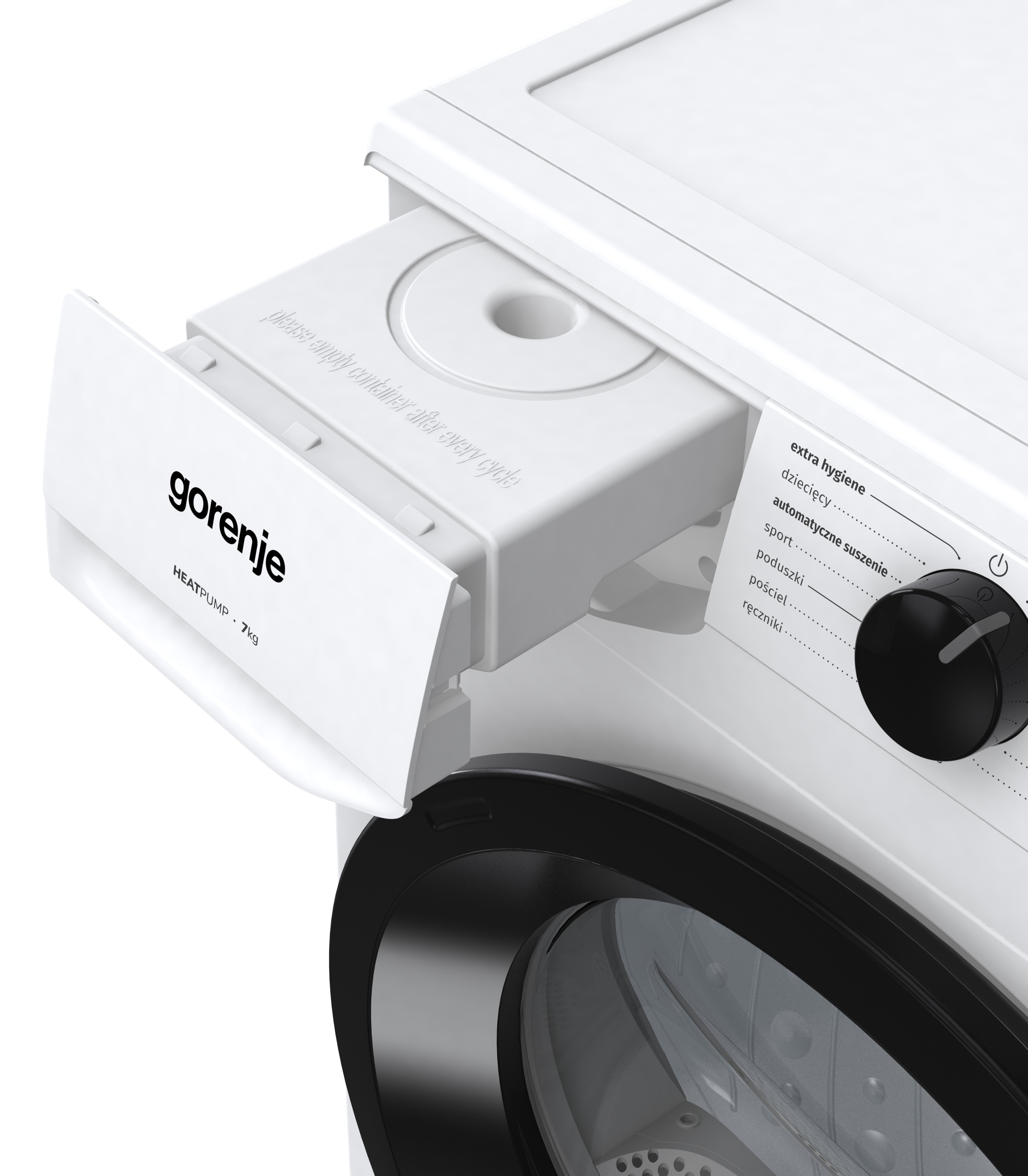 Widoczna jest biała pralka z otwartą szufladą na detergent. Marka to Gorenje. Pokrętło ma różne opcje prania.
