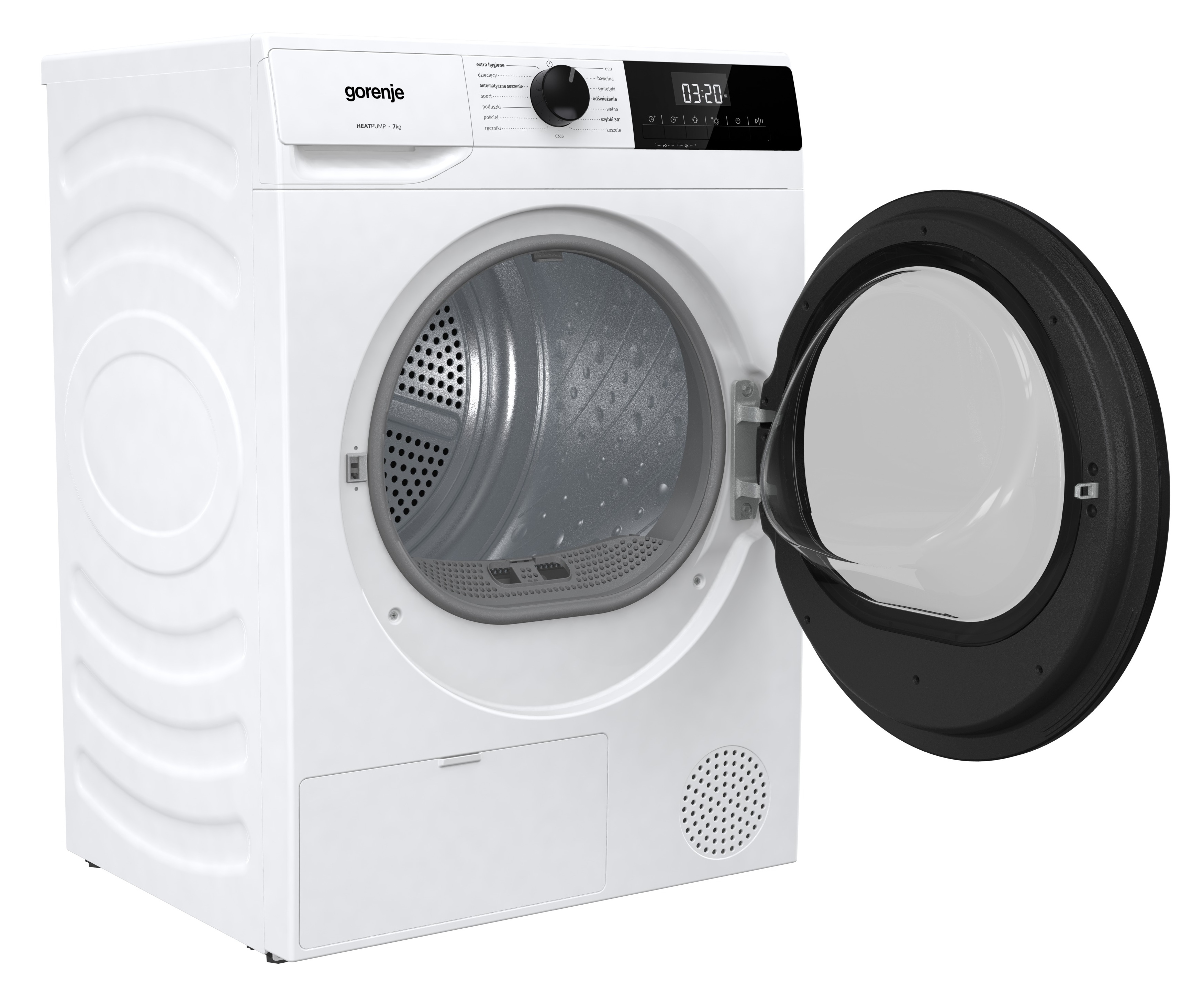 Biała suszarka Gorenje z otwartymi czarnymi drzwiami, wyświetlaczem cyfrowym i panelem sterowania.