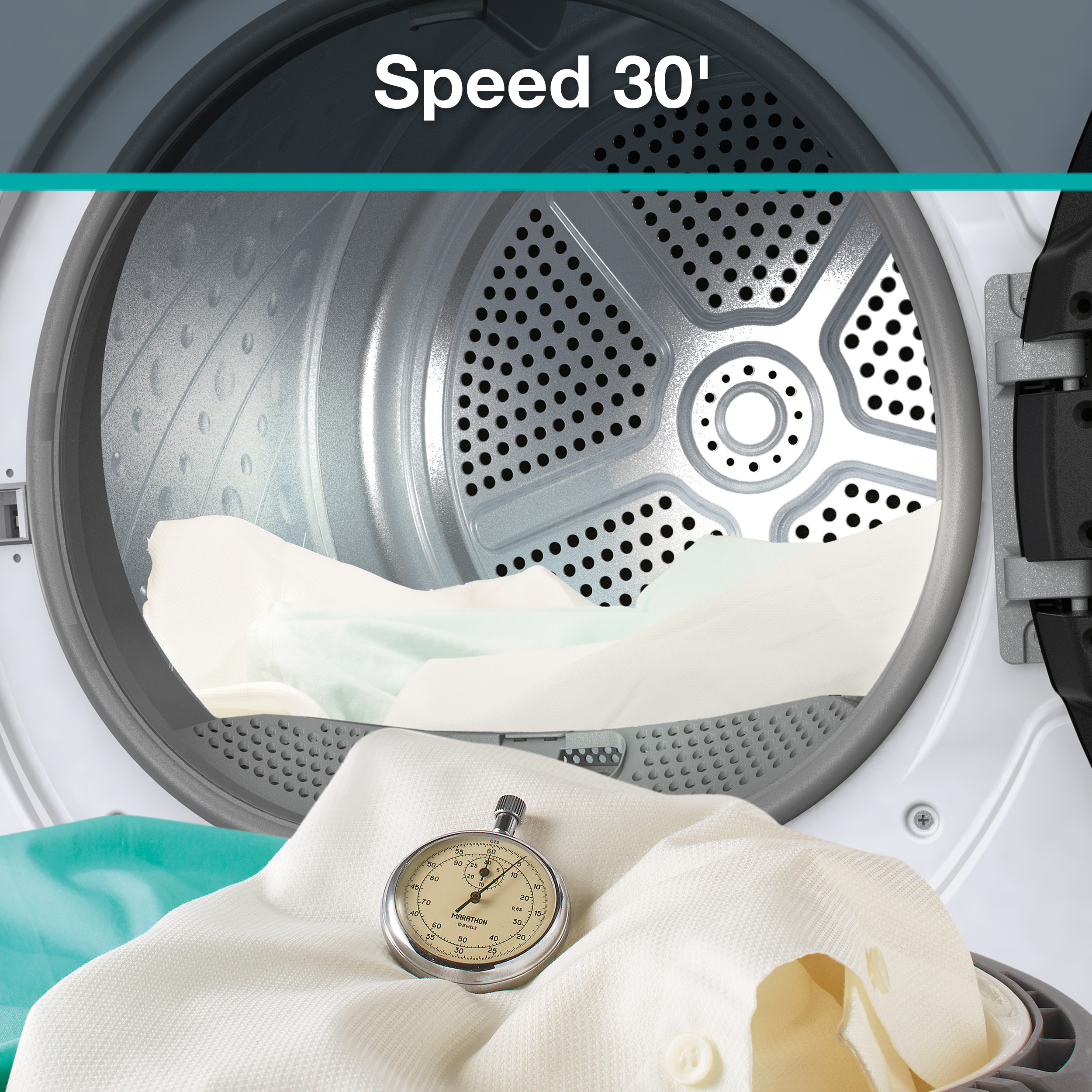 W suszarce z ubraniami i stoperem. Tekst 'Speed 30'' znajduje się na górze.