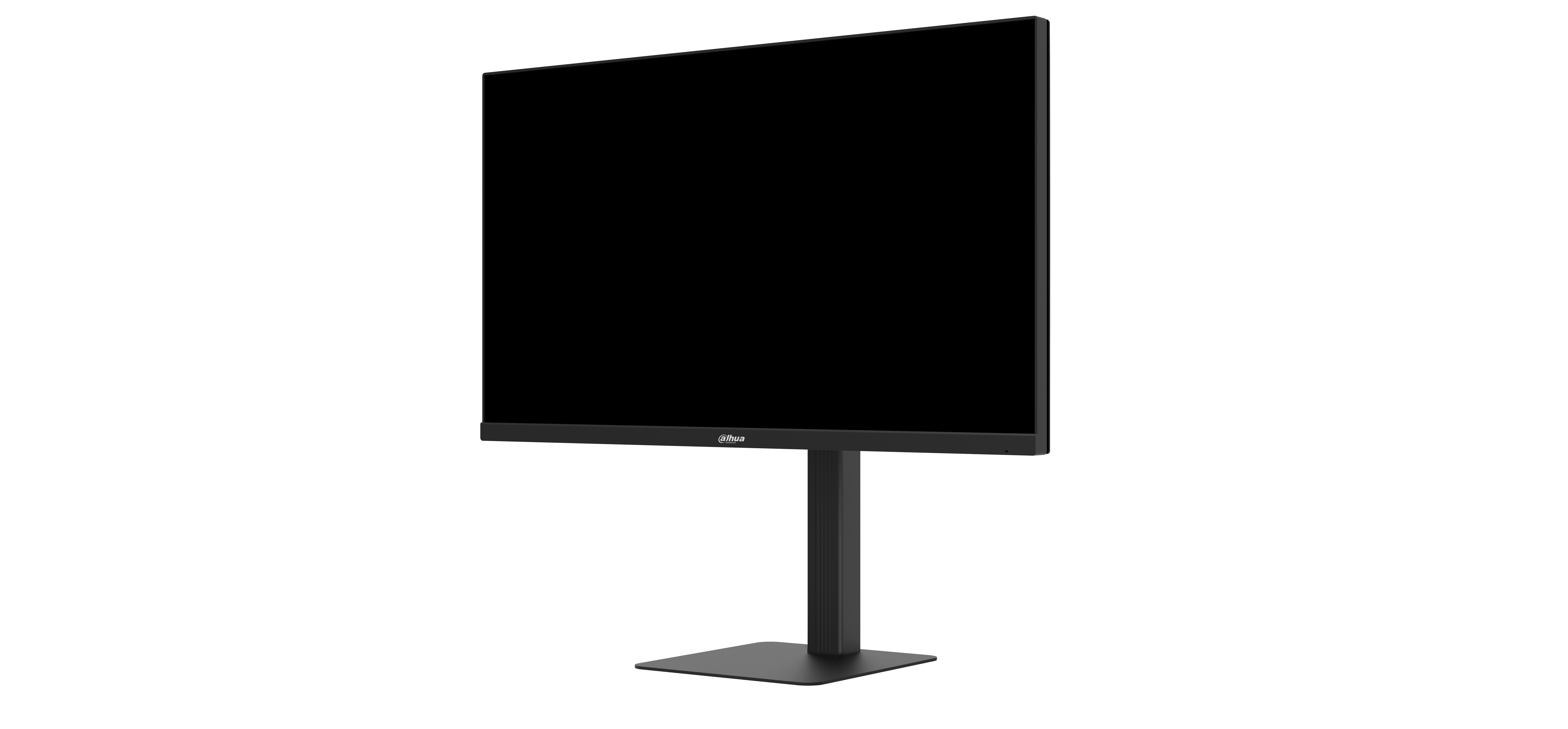 Egy fekete monitor fekete állványon áll. A képernyő üres. A háttér is fekete.