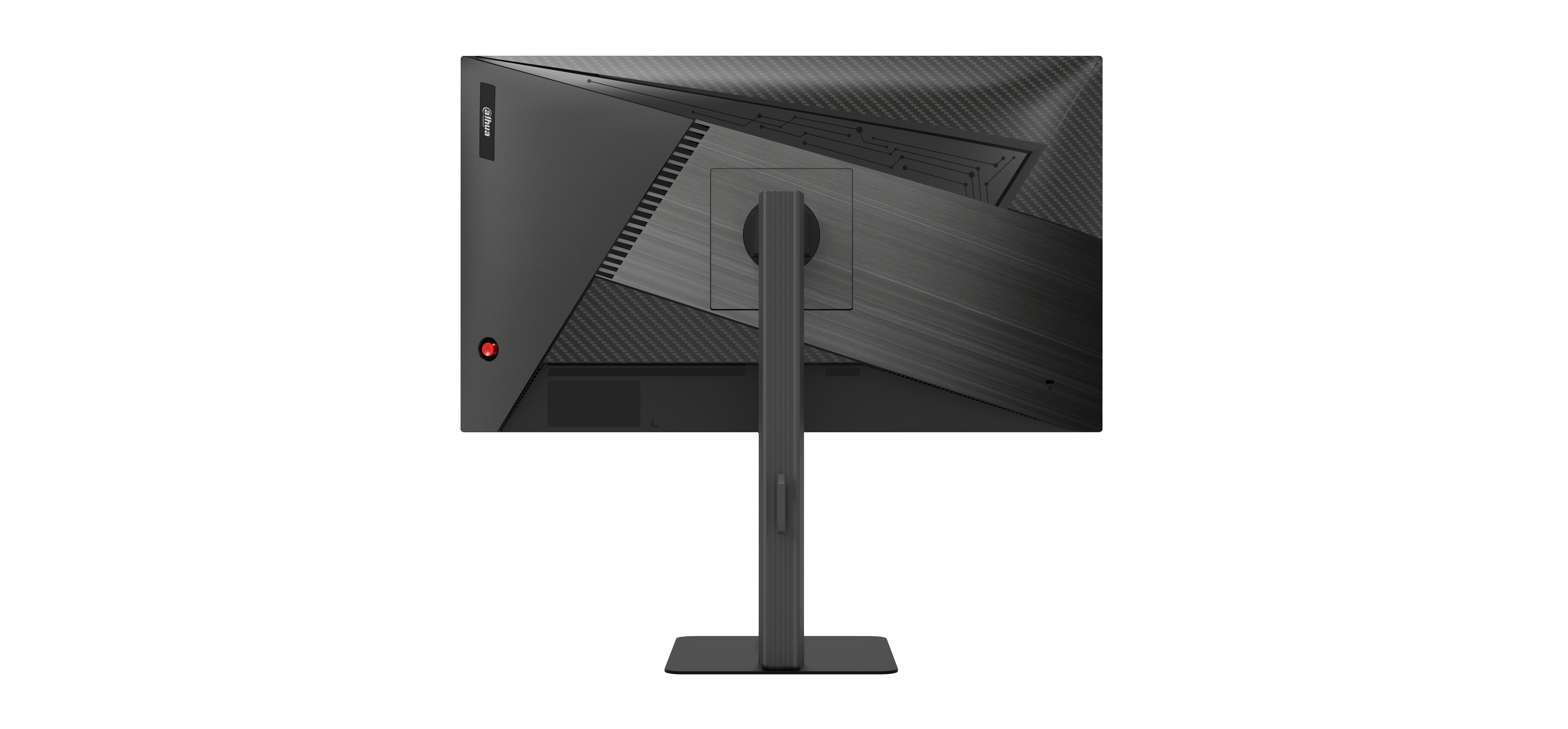 Egy fekete gamer monitor hátulja látható, állvánnyal. A monitor texturált kialakítású és piros bekapcsológombbal rendelkezik.