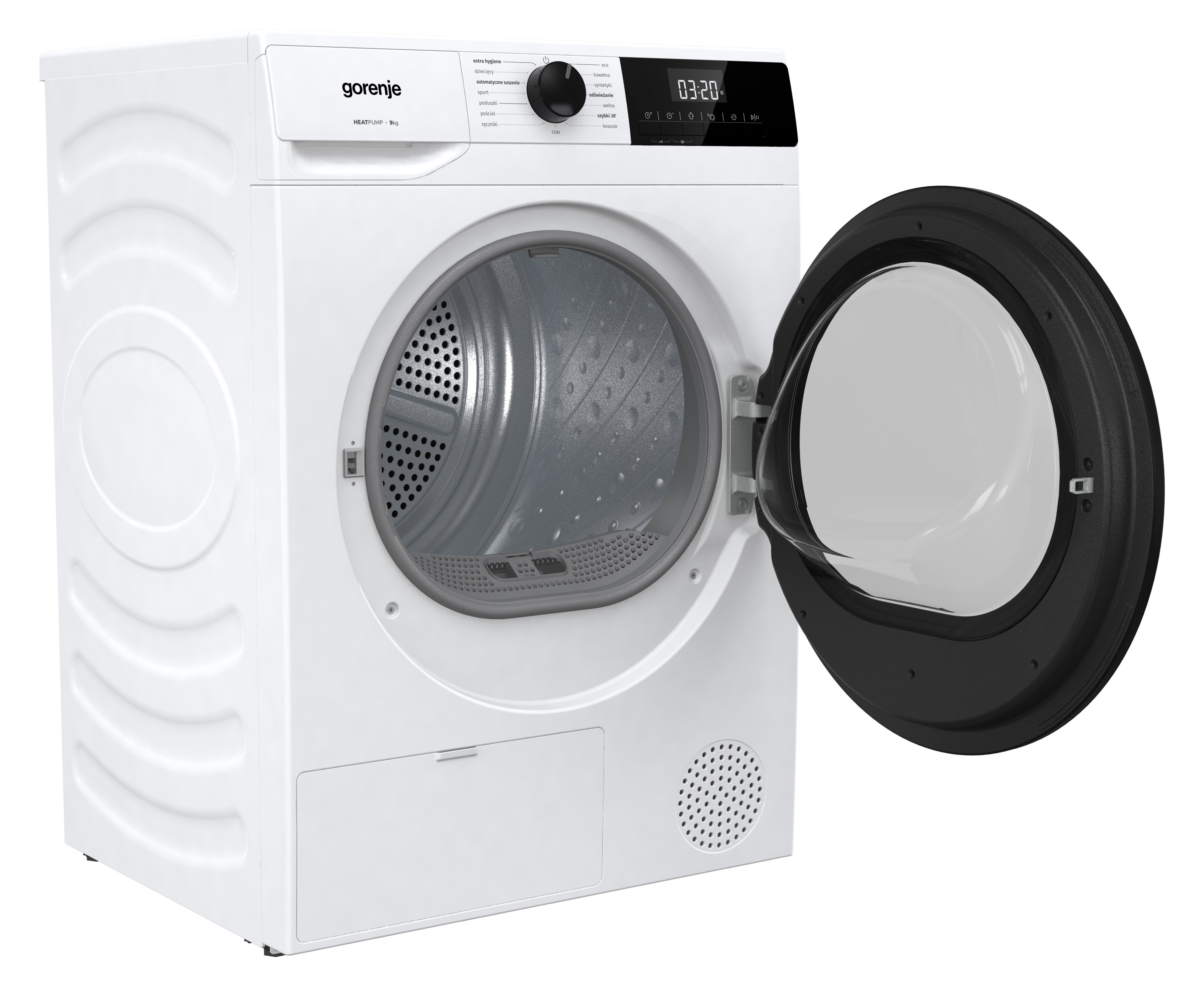 Biała suszarka Gorenje z otwartymi drzwiami. Wyświetla timer 03:20. Drzwi są czarne i mają szklany panel.