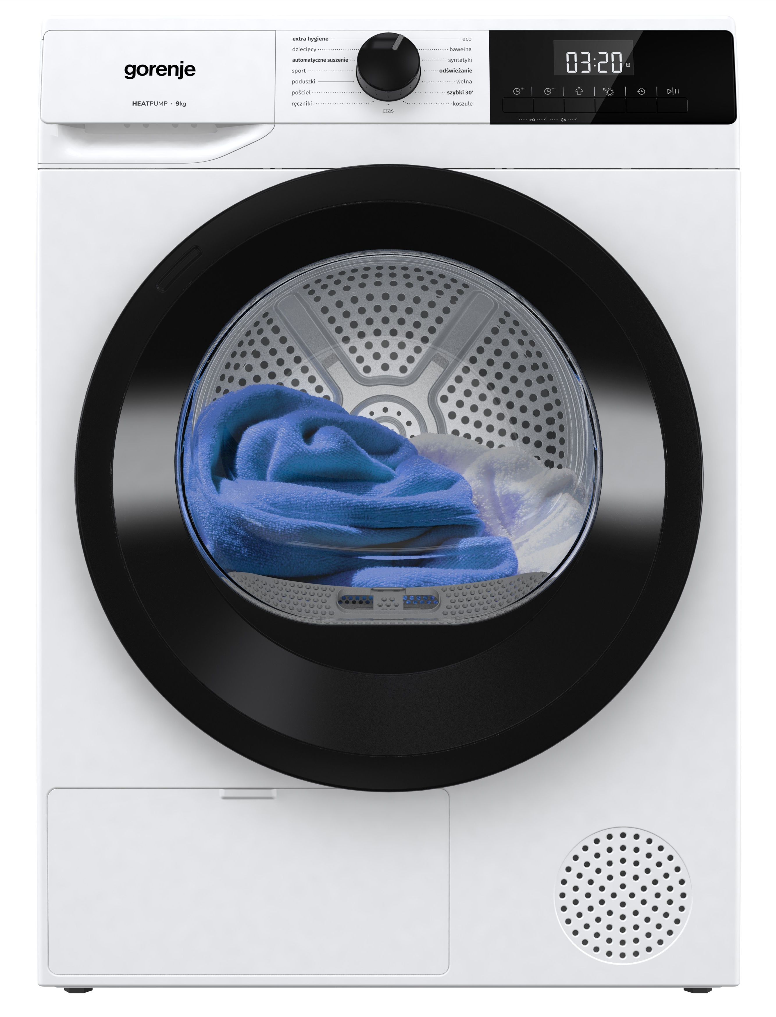 Biała suszarka Gorenje HeatPump z niebieskimi ręcznikami w środku. Posiada wyświetlacz cyfrowy z czasem 03:20.