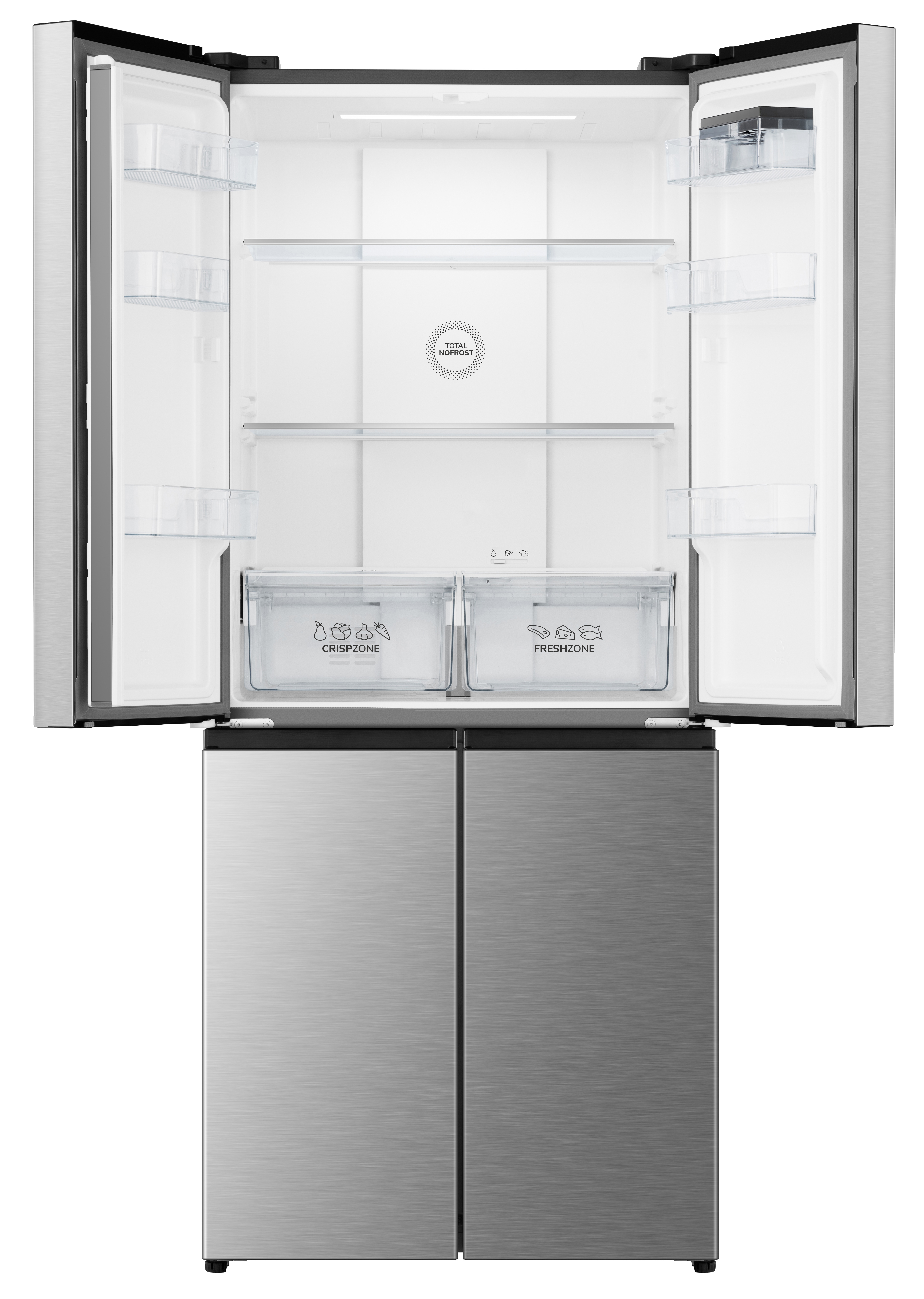 Lodówka ze stali nierdzewnej z otwartymi drzwiami, pokazująca półki, szuflady i funkcję 'Total No Frost'.