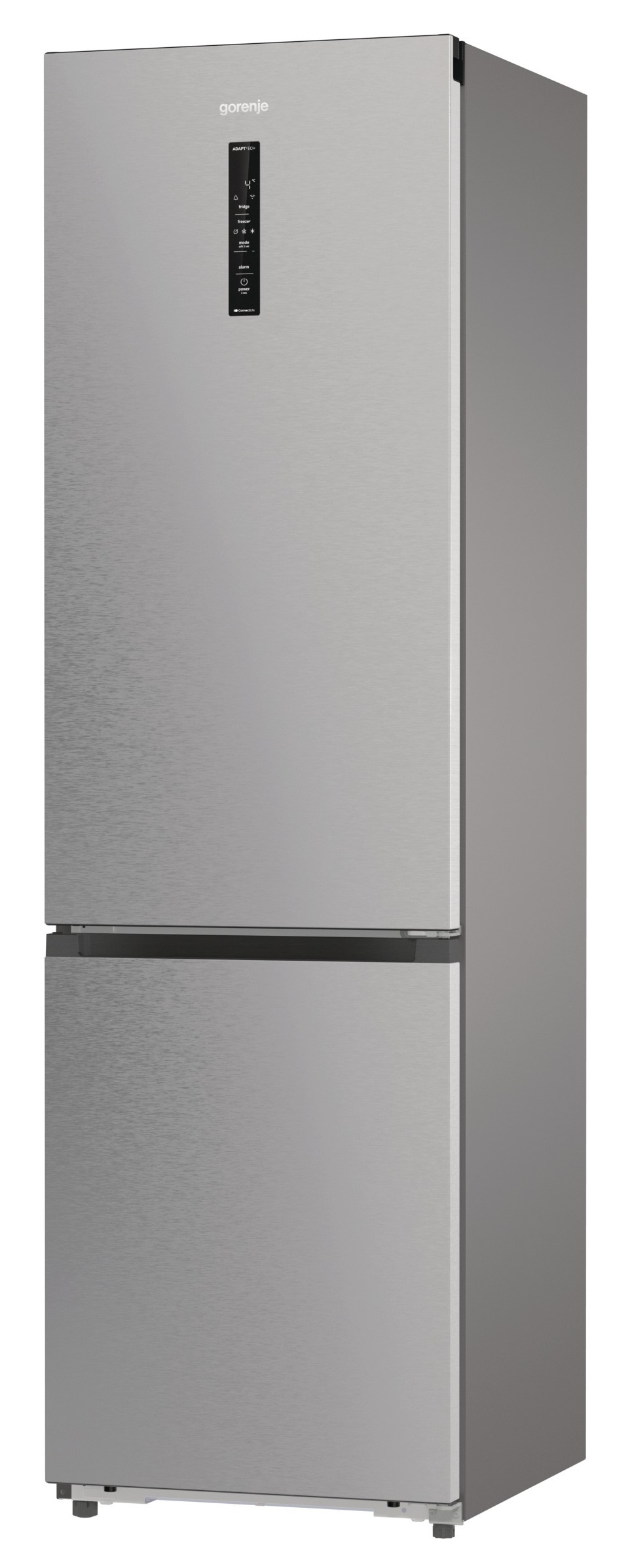 Srebrna lodówka z górną i dolną komorą. Ma wyświetlacz cyfrowy i markę 'Gorenje'.