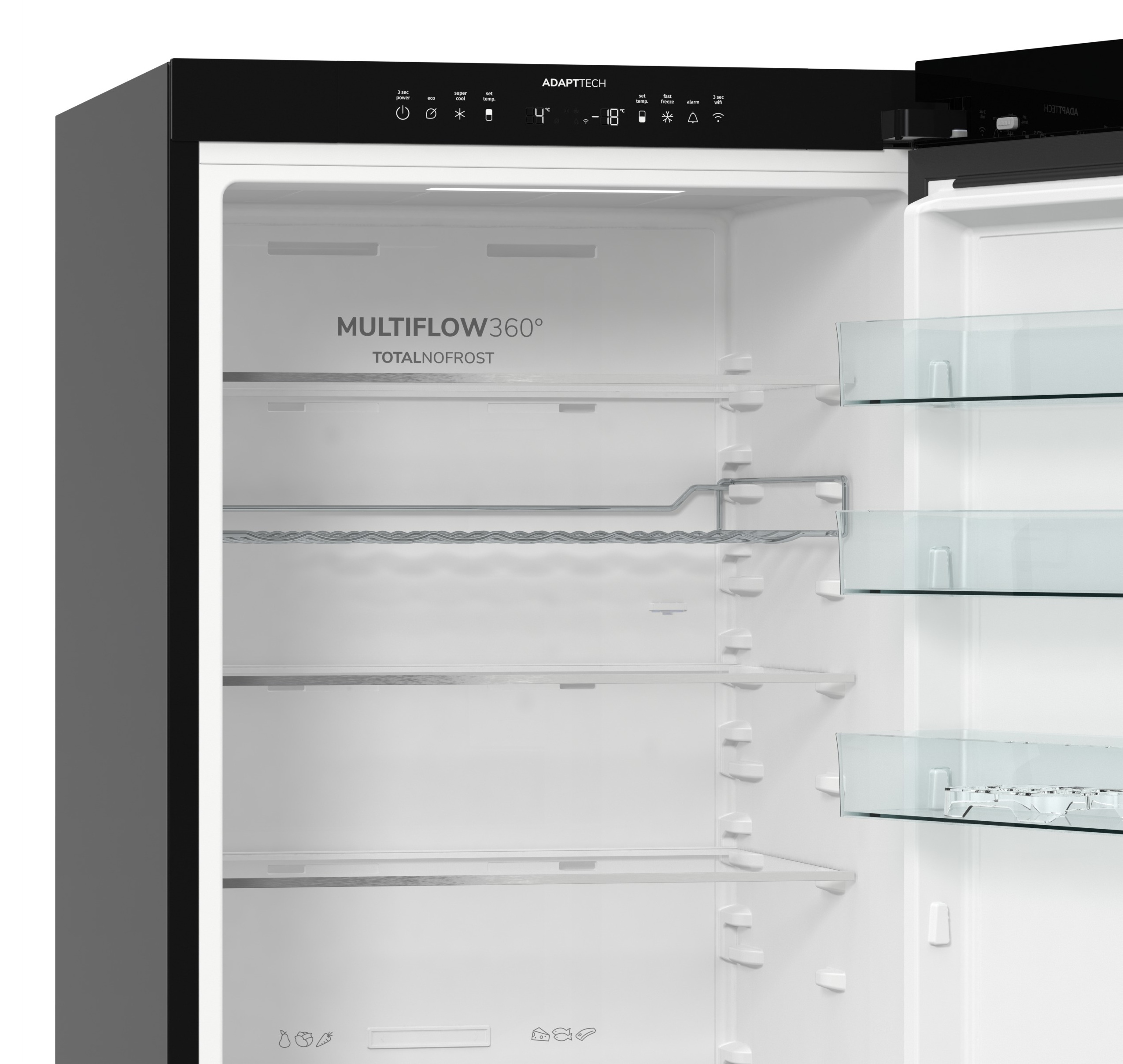 Otwarta lodówka, czarny wygląd zewnętrzny, białe wnętrze. Szklane półki, panel sterowania na górze. Tekst: MULTIFLOW360° TOTALNOFROST.