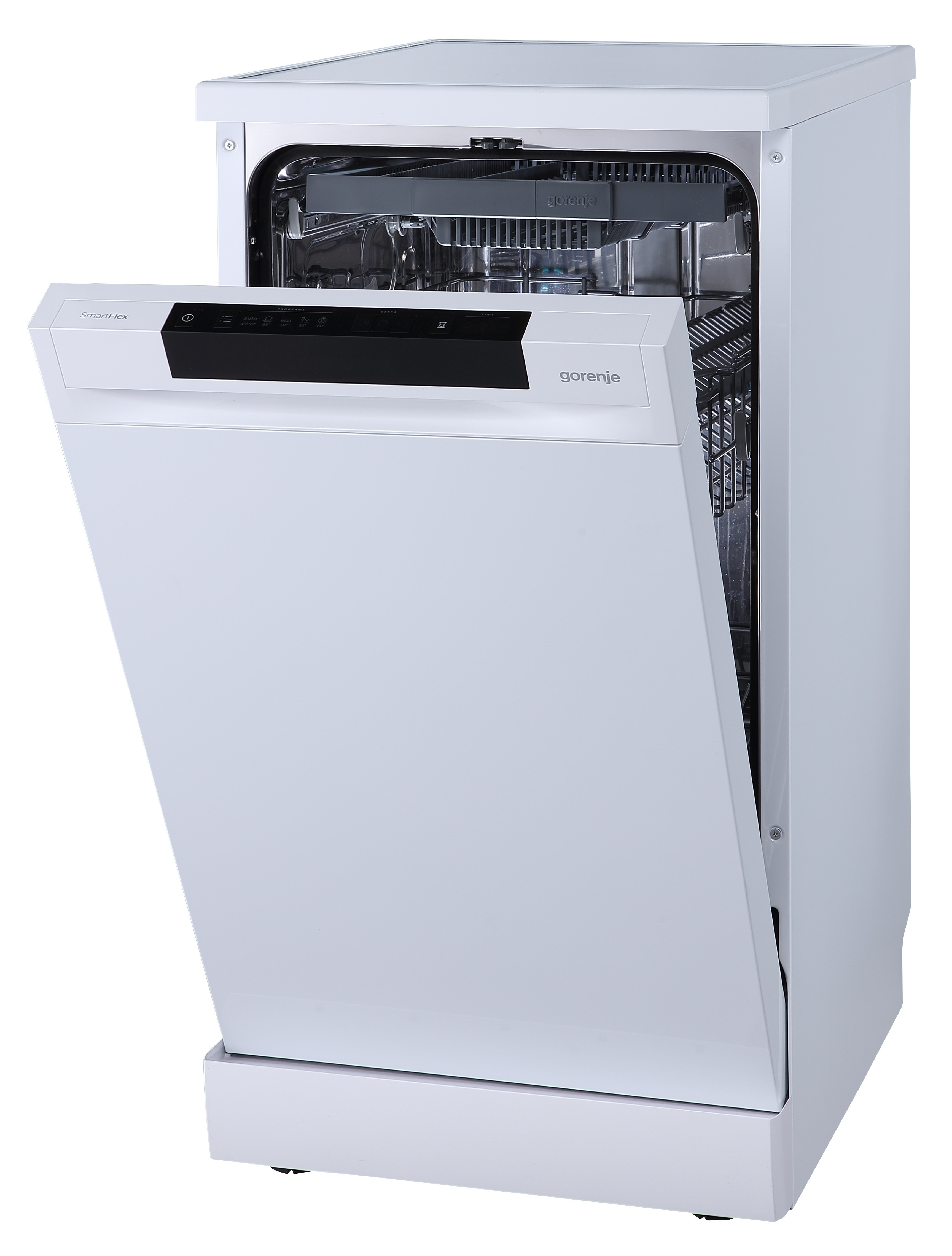 Biała zmywarka Gorenje, uchylone drzwi. Widoczny panel sterowania. Widoczne wewnętrzne kosze.