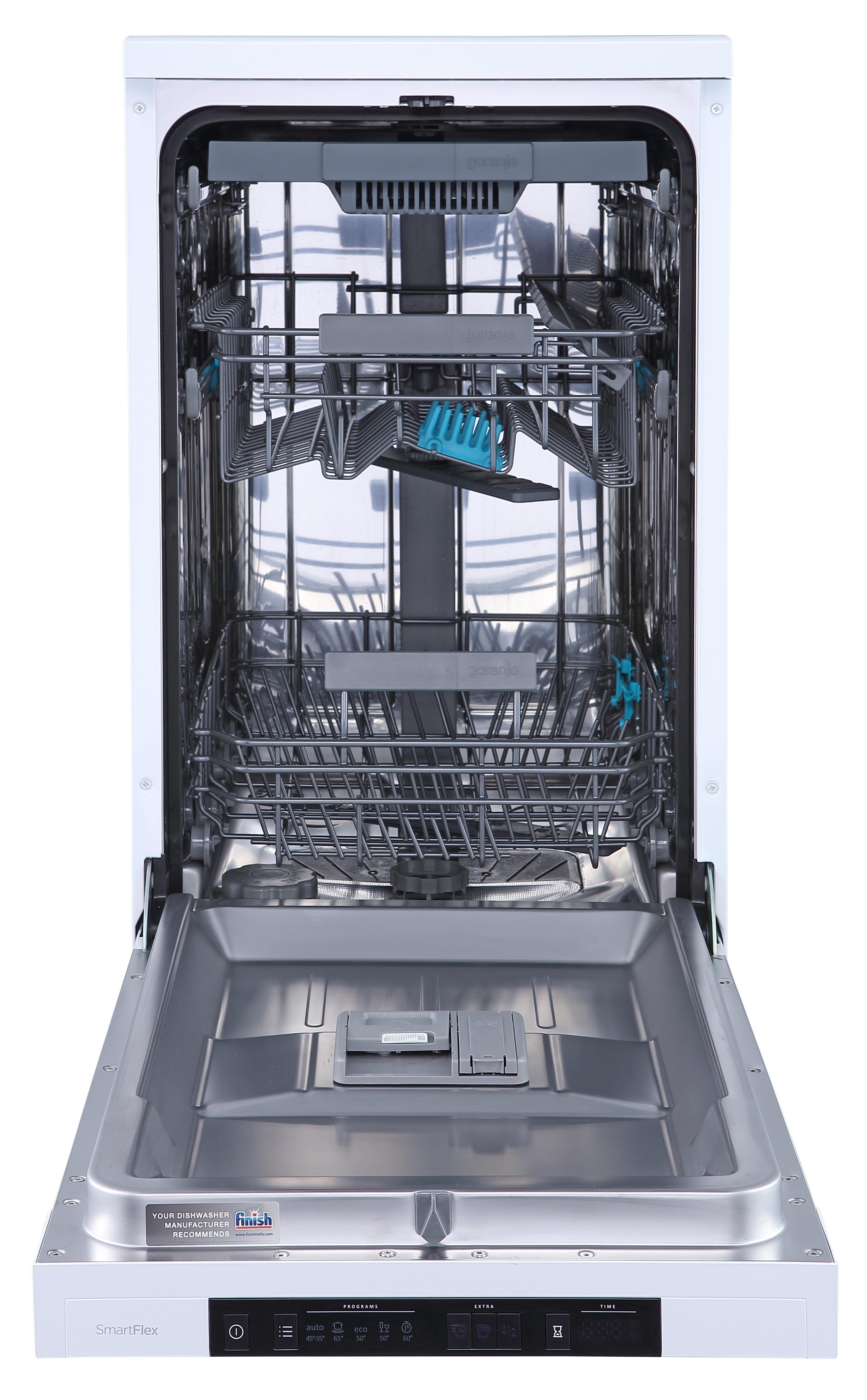 Otwarta zmywarka z koszami, niebieskimi uchwytami na przybory i panelem sterowania. Widoczny biały wygląd zewnętrzny i wnętrze ze stali nierdzewnej.
