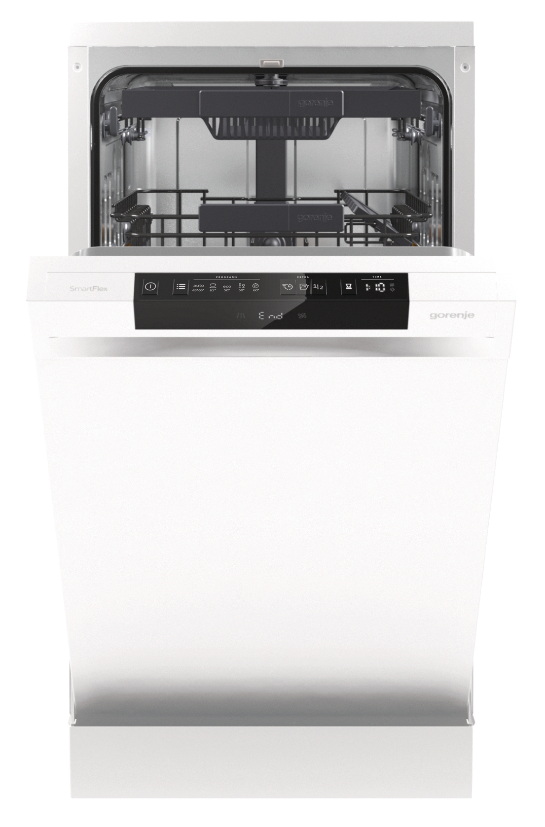 Biała zmywarka z otwartymi drzwiami. Widoczne wnętrze z półkami i panelem sterowania. Marka to Gorenje.