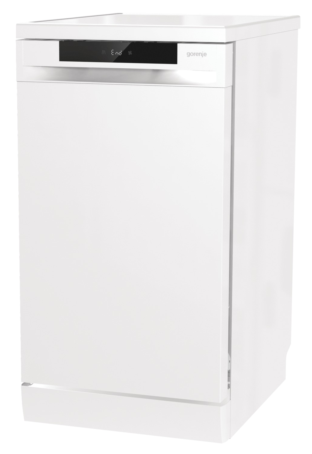 Biała zmywarka Gorenje na czarnym tle. Posiada wyświetlacz z napisem 'End'. Drzwi są zamknięte.