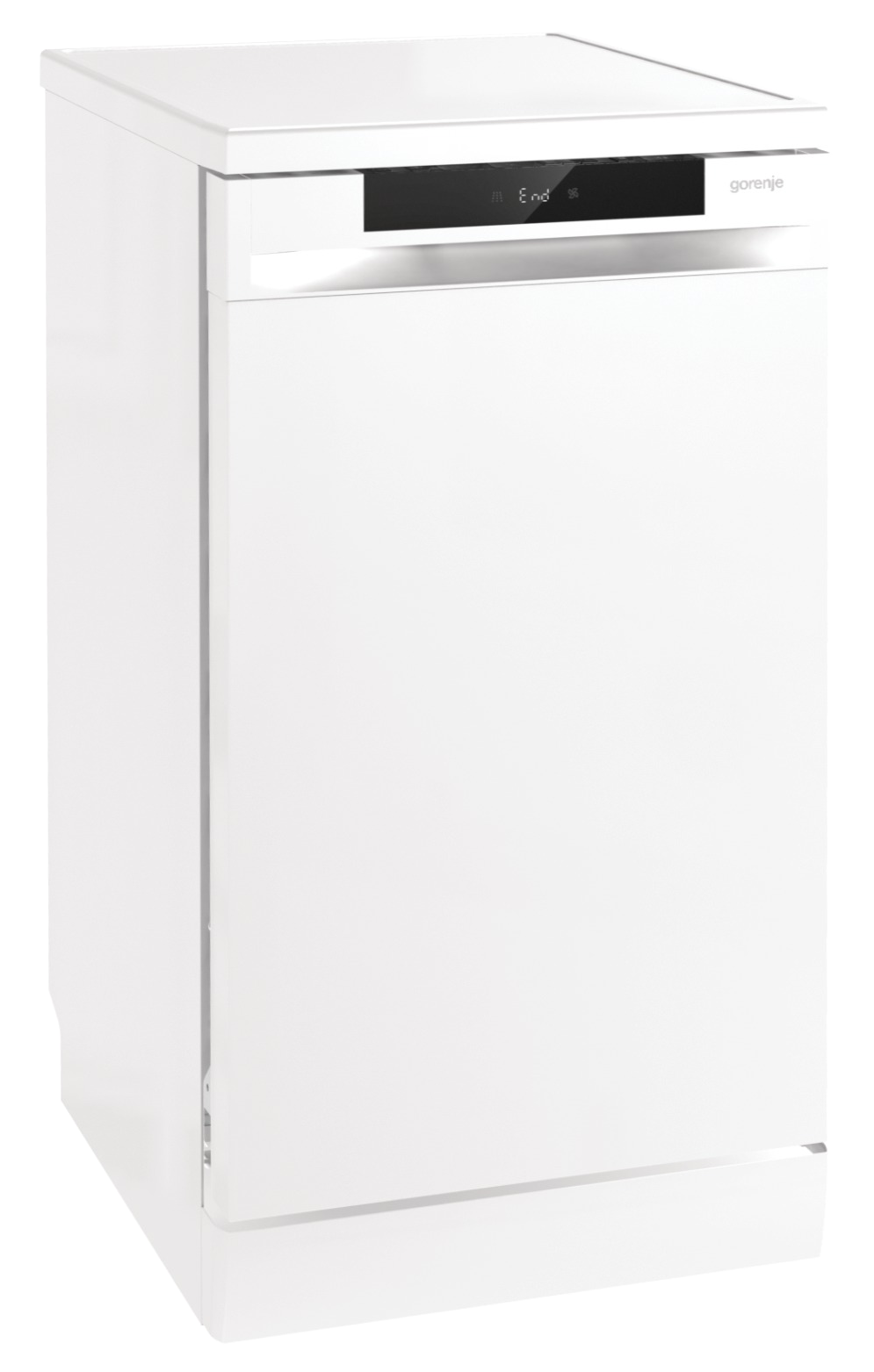 Biała zmywarka Gorenje na czarnym tle. Zmywarka jest prostokątna z panelem sterowania i słowem 'End'.
