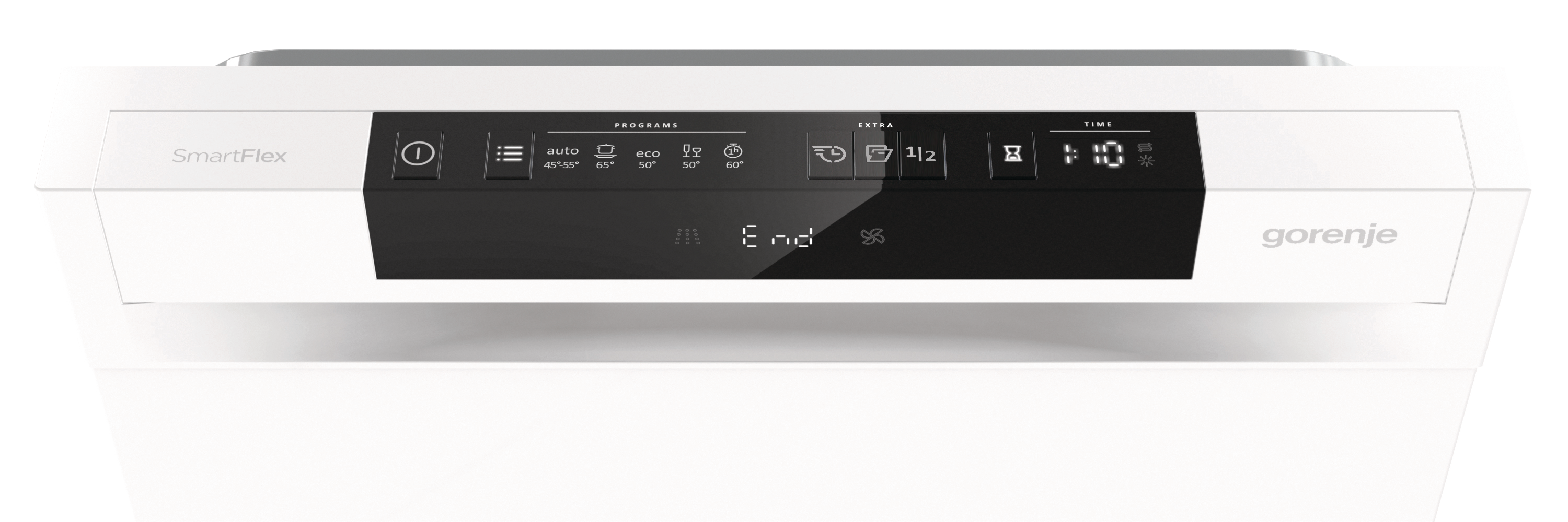 Biały panel sterowania z przyciskami do programów, opcji dodatkowych i czasu. Wyświetlacz pokazuje 'Koniec' i czas.