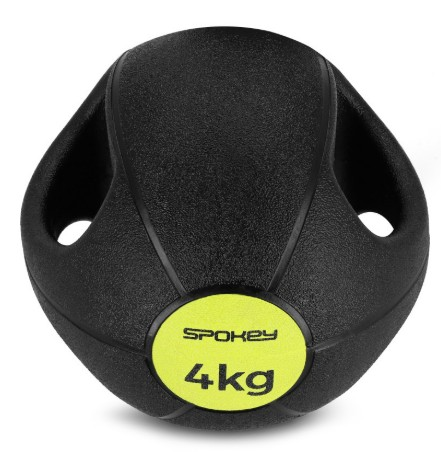 Czarna piłka lekarska Spokey z uchwytami. Żółta etykieta z napisem 'Spokey' i '4kg'.