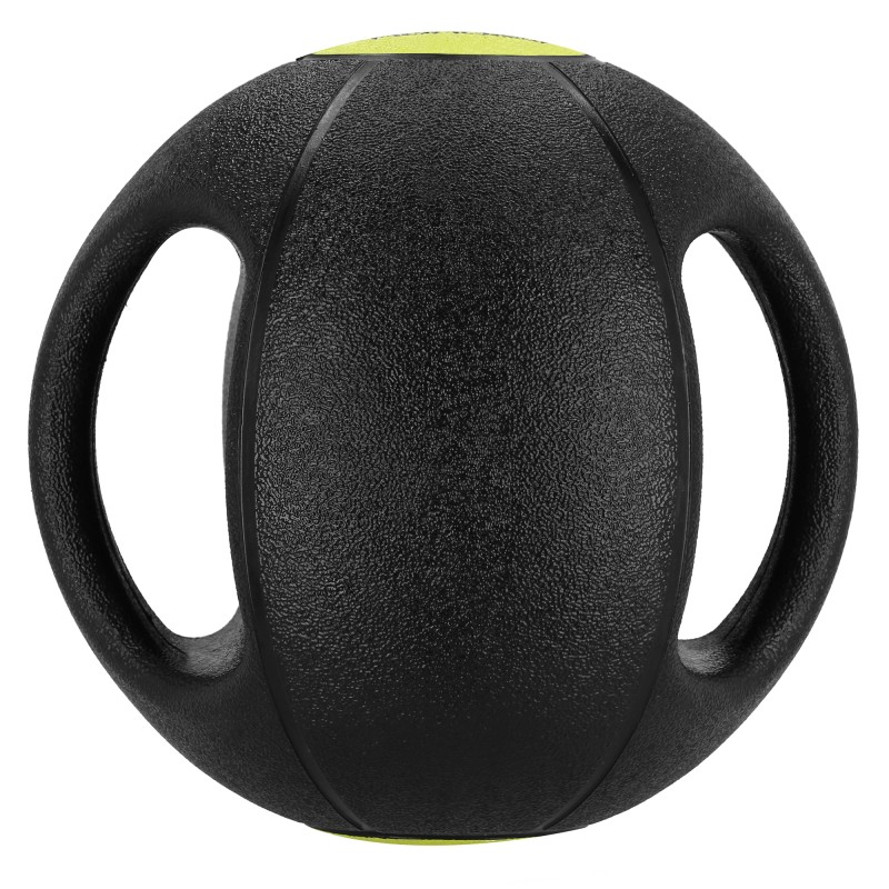 Czarna piłka lekarska z uchwytami. Żółte akcenty na górze i na dole. Teksturowana powierzchnia, białe tło.