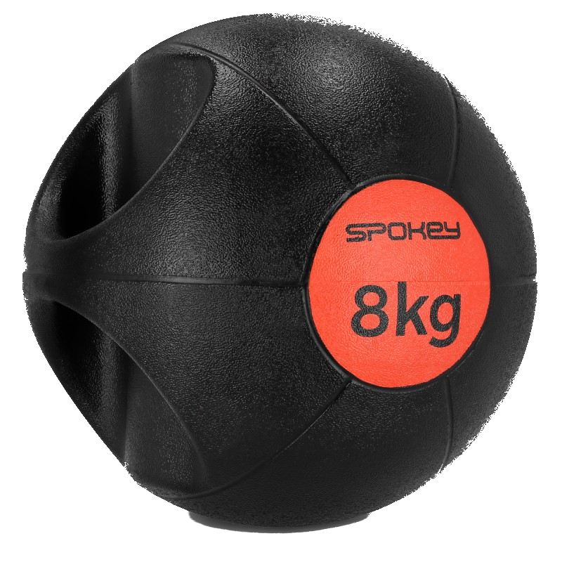 Czarna piłka lekarska Spokey z pomarańczowym środkiem. Na środku napis 8 kg. Uchwyty są zintegrowane z konstrukcją piłki.